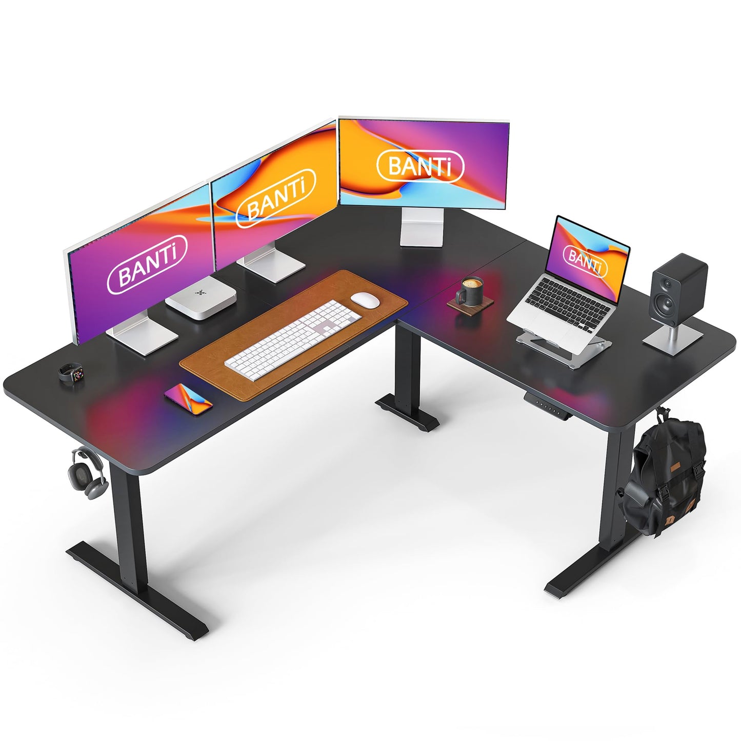 BANTI L-Shaped Standing Desk - 63 x 55 Inch Adjustable Corner Standing Desk with Charging Station - L Shape Sit Stand Table with Memory Controller, Splice Board for Home Office, Black