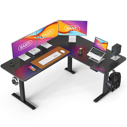 BANTI L-Shaped Standing Desk - 63 x 55 Inch Adjustable Corner Standing Desk with Charging Station - L Shape Sit Stand Table with Memory Controller, Splice Board for Home Office, Black