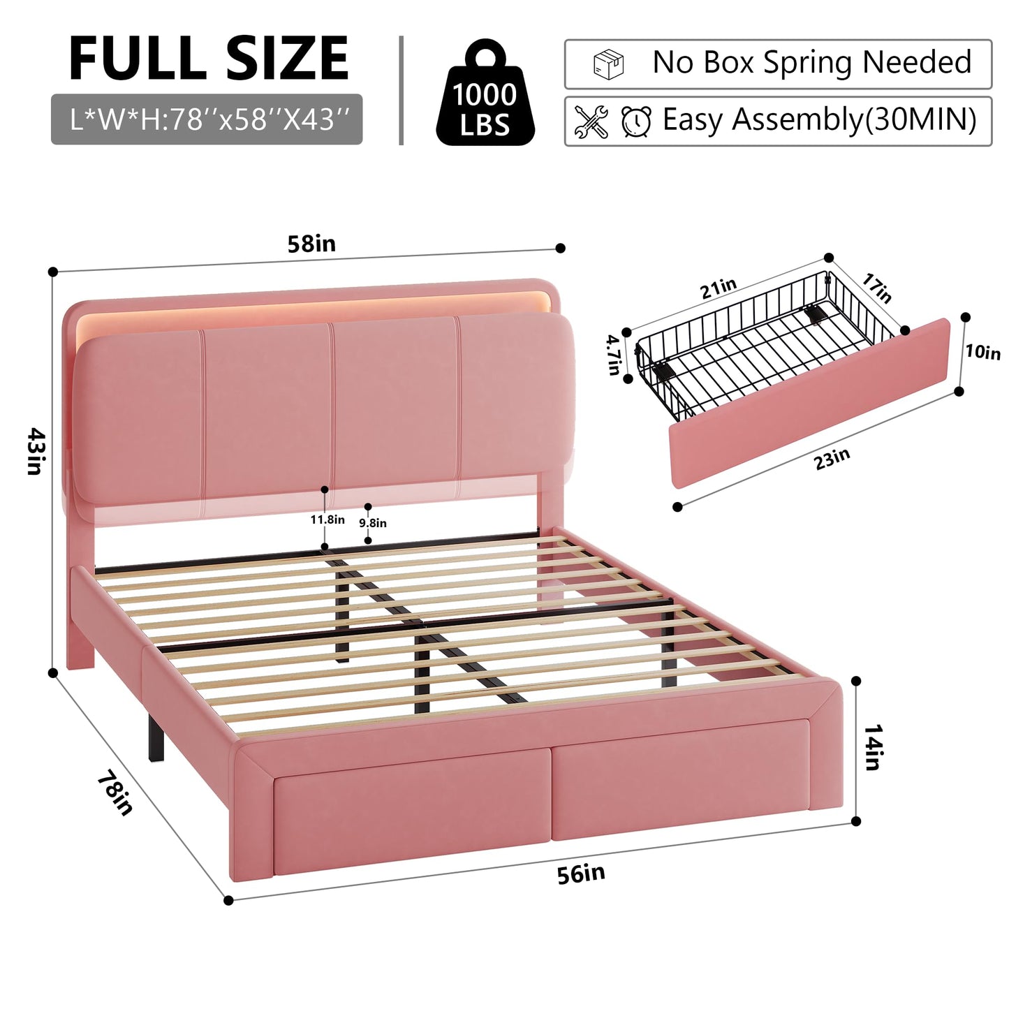 Feonase Full Upholstered Bed Frame with Headboard and 2 Storage Drawers, Built-in Charging Station, Velvet Platform LED Bed with Solid Wood Slat Support, No Box Spring Needed, Pink