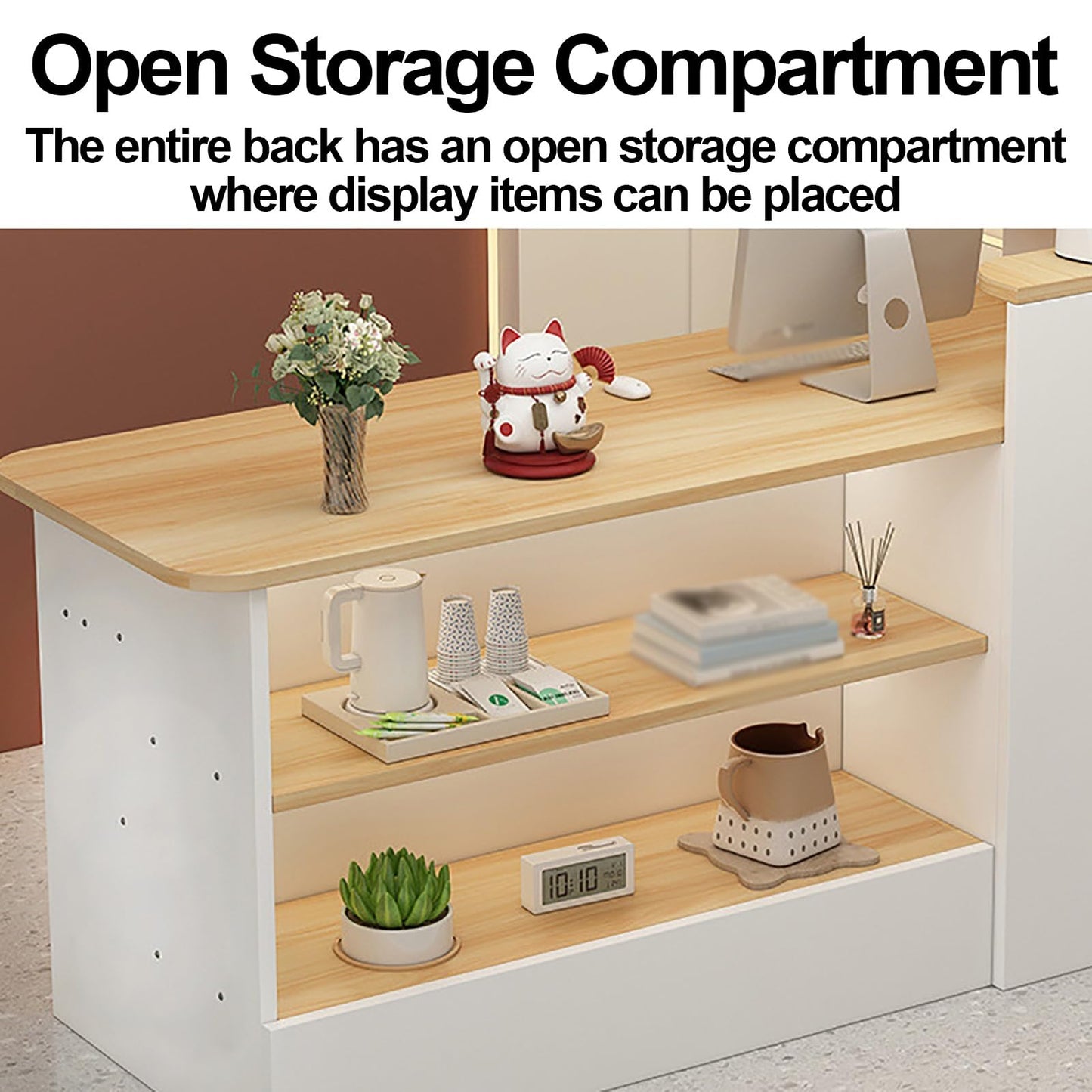 Modern Reception Counter Desk for Front Desk, Lobby & Salon - Retail Counter with Display Shelf & Drawers
