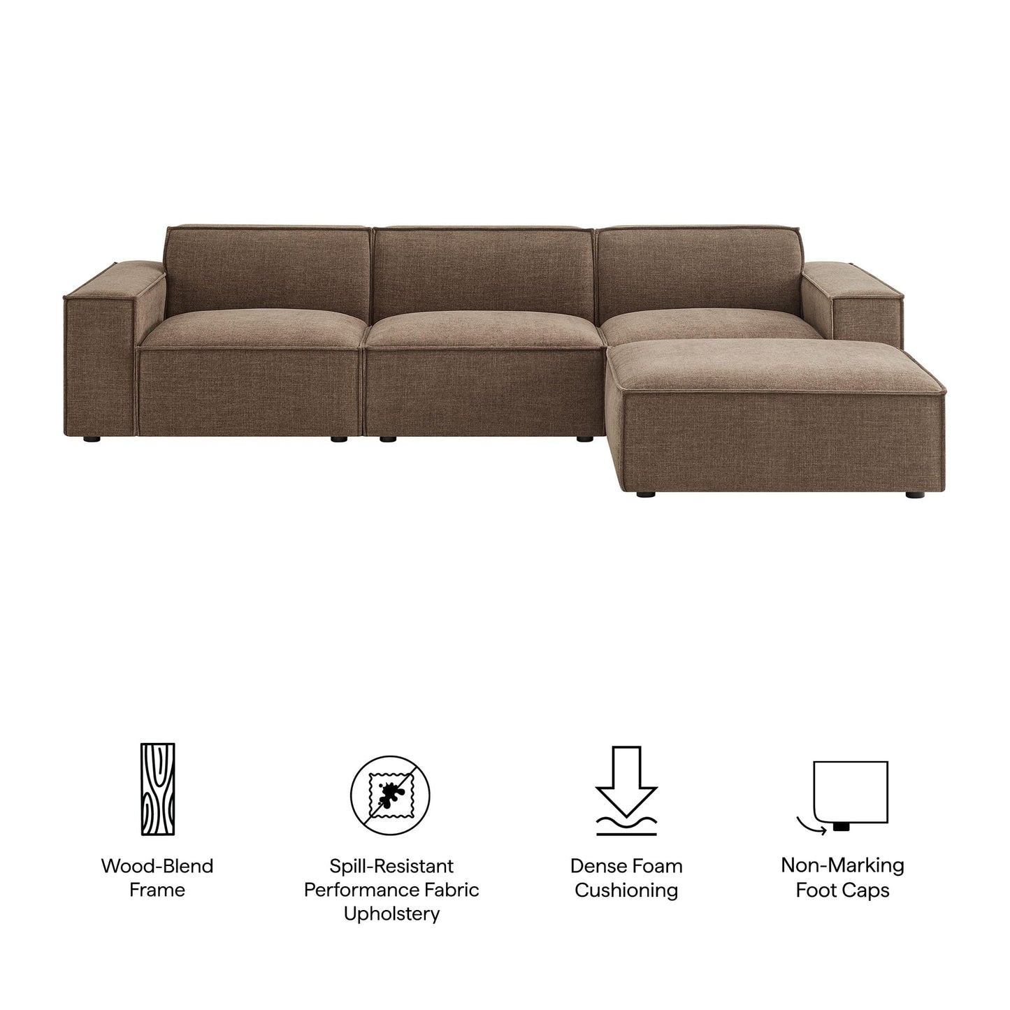 Modway Restore Performance Fabric Upholstered 4-Piece Modular Sofa Set with Ottoman in Mocha - Low Profile Sectional Sofa with Coil Seat Support and French Piping