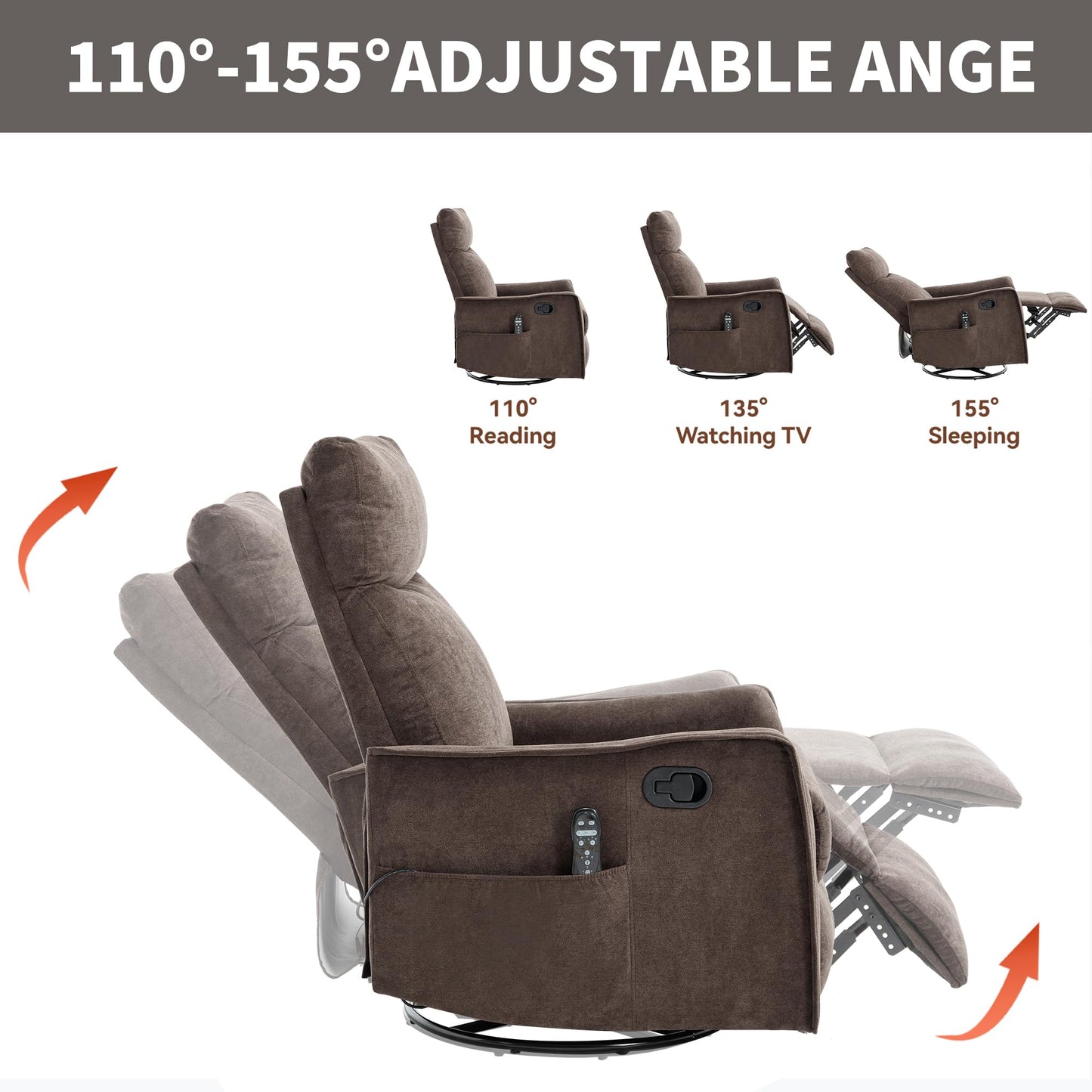 KEIKI 4-in-1 Manual Swivel Rocker Recliner Chair for Home Living Room, Polyester Chair with Back Massager & Heat, Home Theater Seating with Lumbar Support, Cozy Modern Style for Old Money, Brown