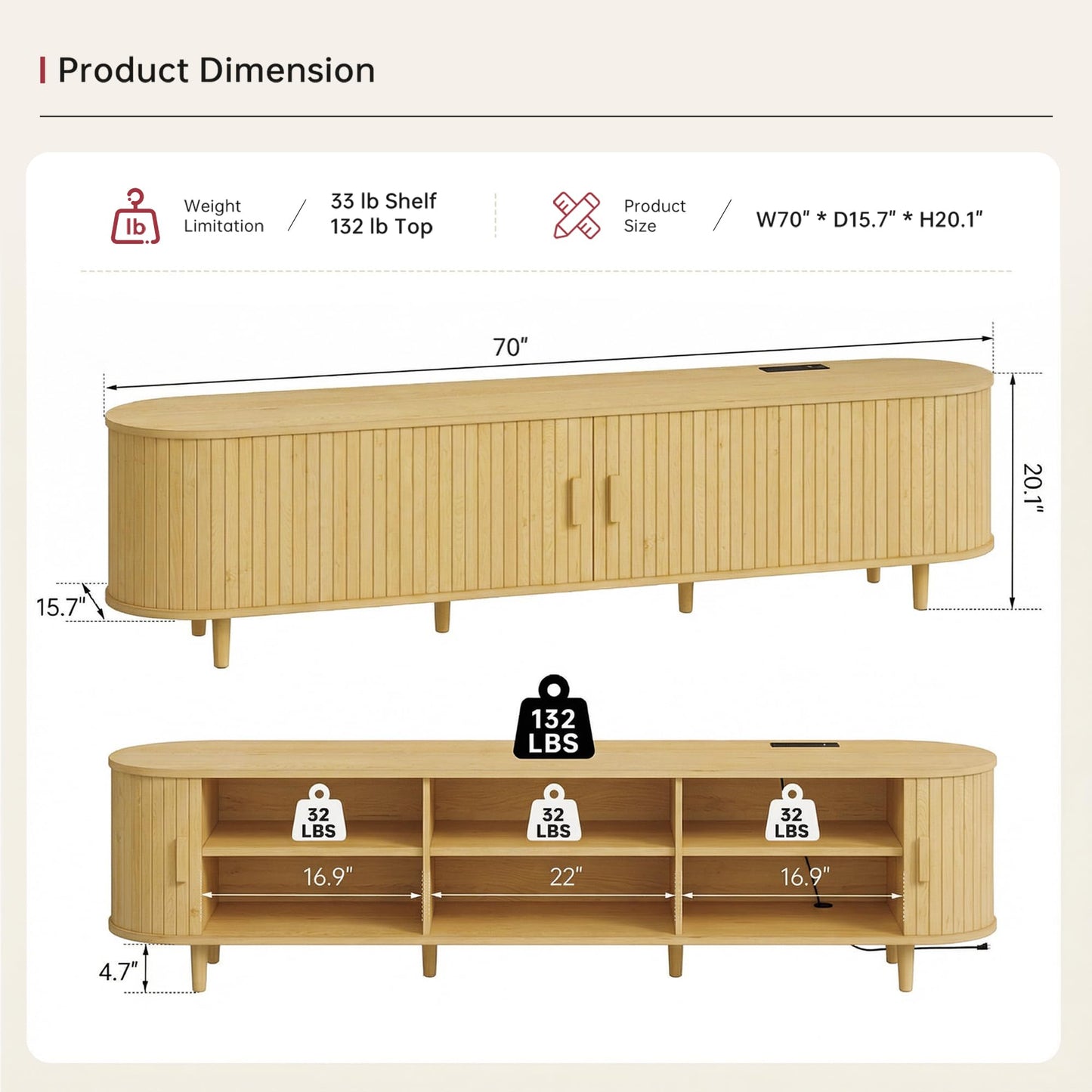 MXV 70" Mid-Century Modern TV Consoles with Sliding Doors, TV Stand with Power Outlet, Fluted Entertainment Center with Adjustable Shelves, for Living Room
