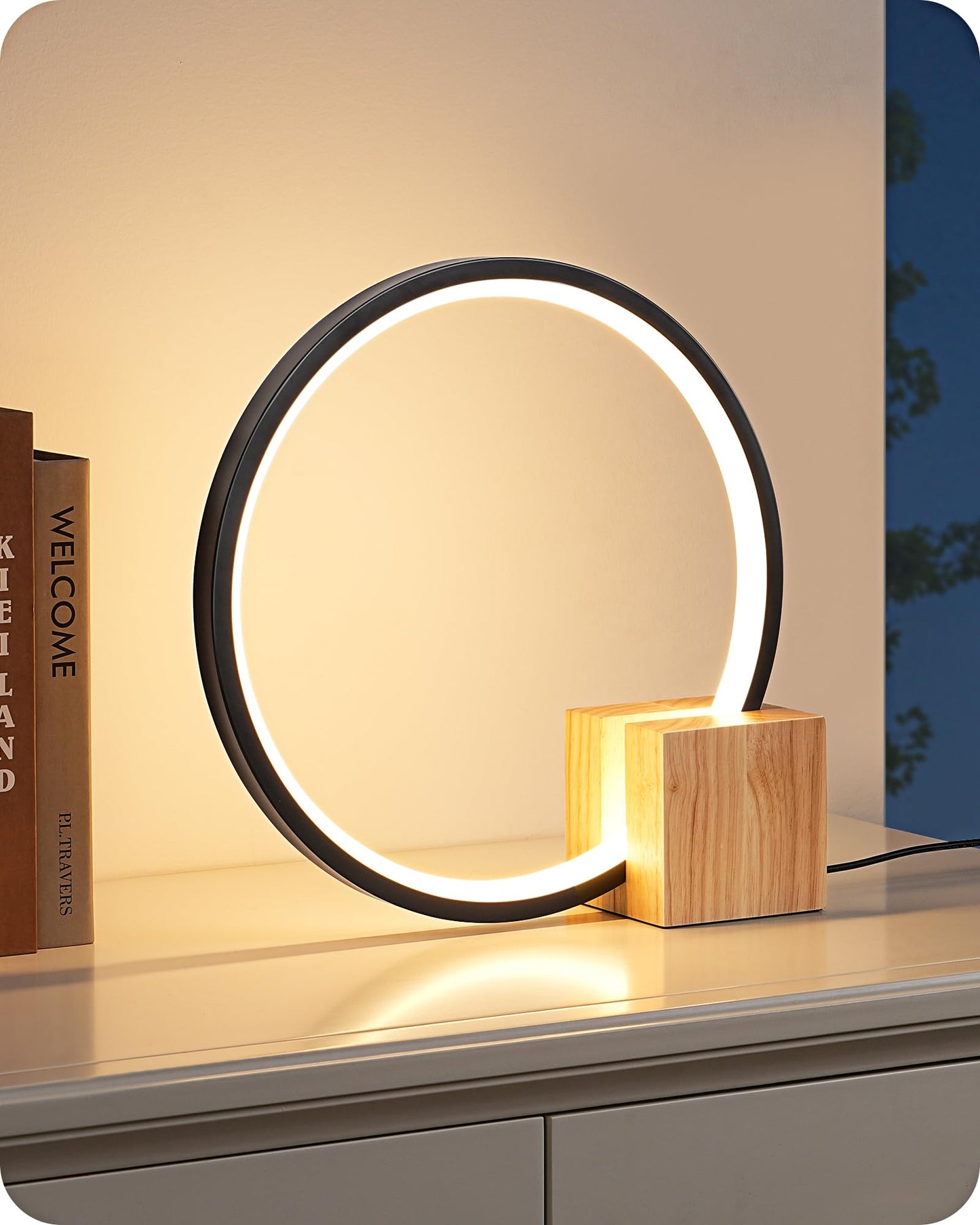EDISHINE LED Table Lamp with Solid Wood Base, 3 Color Temperatures, 12W, 12inH x 11.8inW x 3.3inD, Black, Model HL