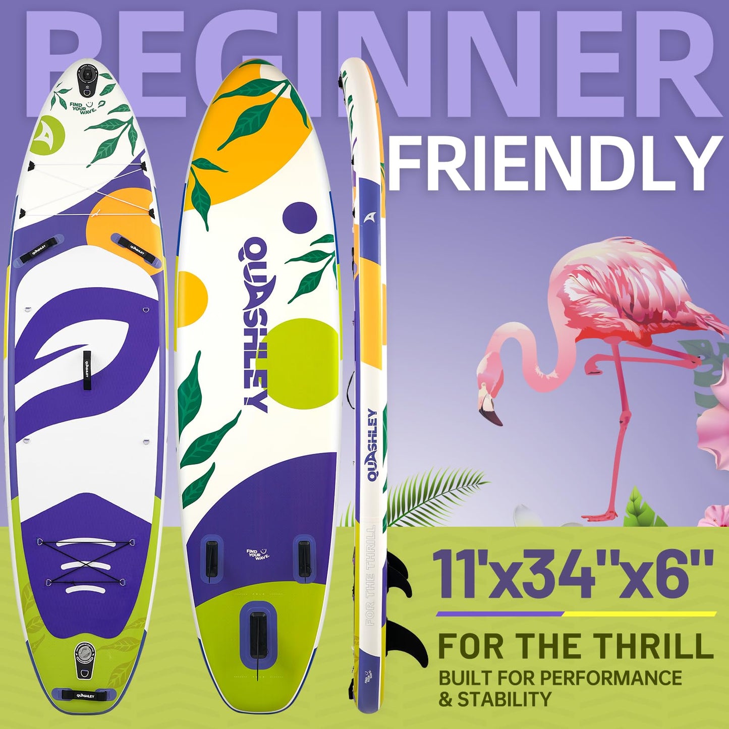 Quashley Inflatable Paddle Board Extra Wide Stand Up Paddleboards 34" with All Premium Accessories,Inflatable SUP for Adults/Family White Paddle Boards