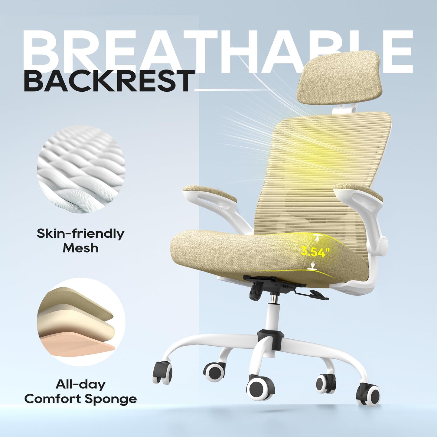 Ergonomic Office Chair, High Back Mesh Office Chair with Adjustable Lumbar Support, Flip-Up Armrests, Swivel Computer Desk Chair for Home Office