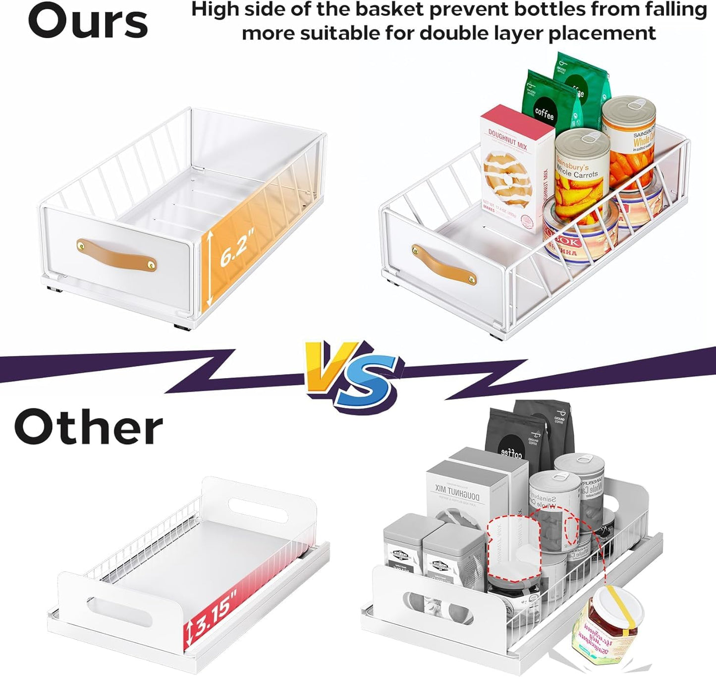 4Pack Pull out Cabinet Organizer,Heavy Duty Slide out Pantry Shelves Drawer Storage with Adhesive Nano Film,Sliding Mesh Basket with Handle for Kitchen, Bathroom, Home, 11.8W" X 15.7"D X 6.2"H,White
