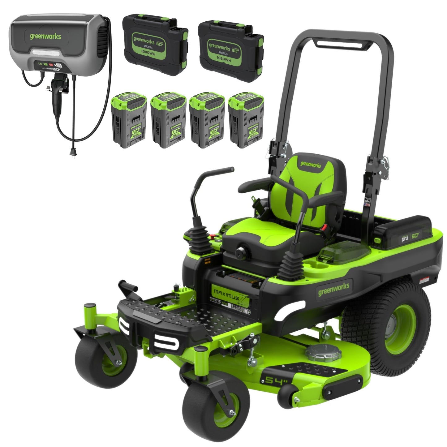 Greenworks 60V 54" MaximusZ Zero Turn Riding Lawn Mower, (2) 20.0Ah + (4) 8.0Ah Batteries and 1.5kW Fast Charger