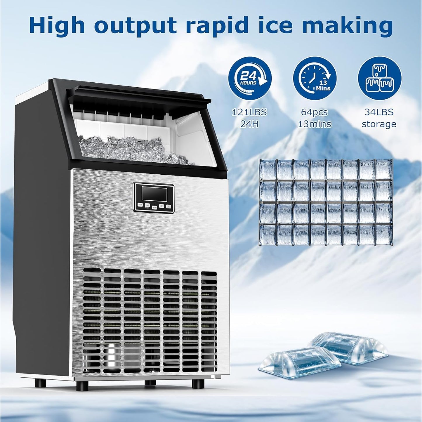 Commercial Ice Maker Machine, Ice Makers Stainless Steel Under Counter Ice Machine 120 Lbs/24H with 26.5 Pounds, 64 Ice Cubes in 12 Mins, Stainless Steel Freestanding Kitchen Ice Machines