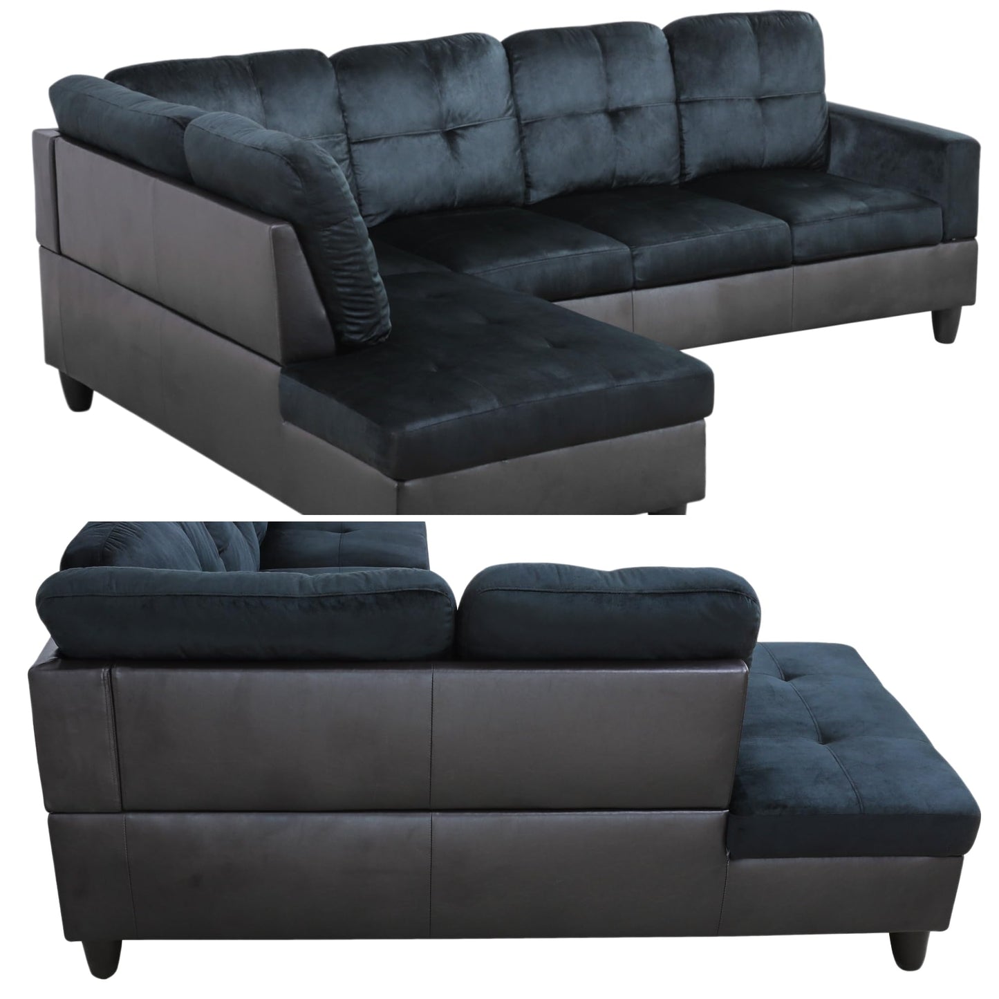 Trygoal 103.5 Inch Modern L-Shaped Couch, Flannel Sectional Sofa with Chaise Lounge, 4-Seater Couch with Accent Pillows for Living Room, Apartment, Dark Blue & Brown