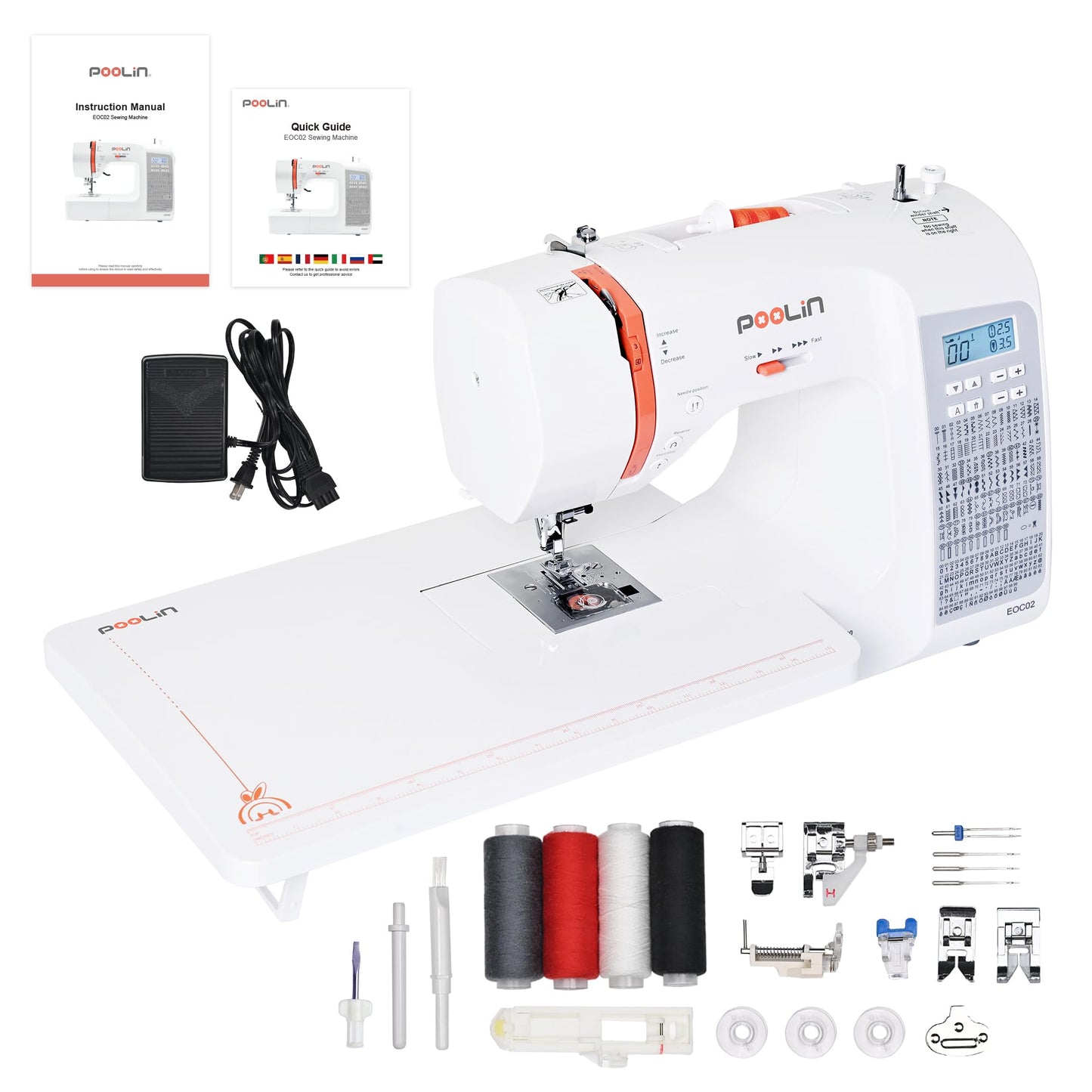 PooLin EOC02 Computerized Sewing Machine,Easy Home Sewing Machine with 200 Stitches,7 Feet,LCD Screen,Wide Table,Friendly Sewing Machines for Beginners,Gifts for Mother Wife,Automatic Needle Threader