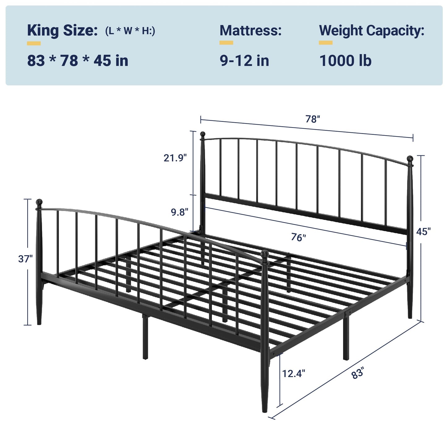 Allewie King Bed Frame, Metal Platform Bed Frame with Arched Headboard & Footboard, Mid-Century Modern Style, Under Bed Storage, No Box Spring Needed, Easy Assembly, Black