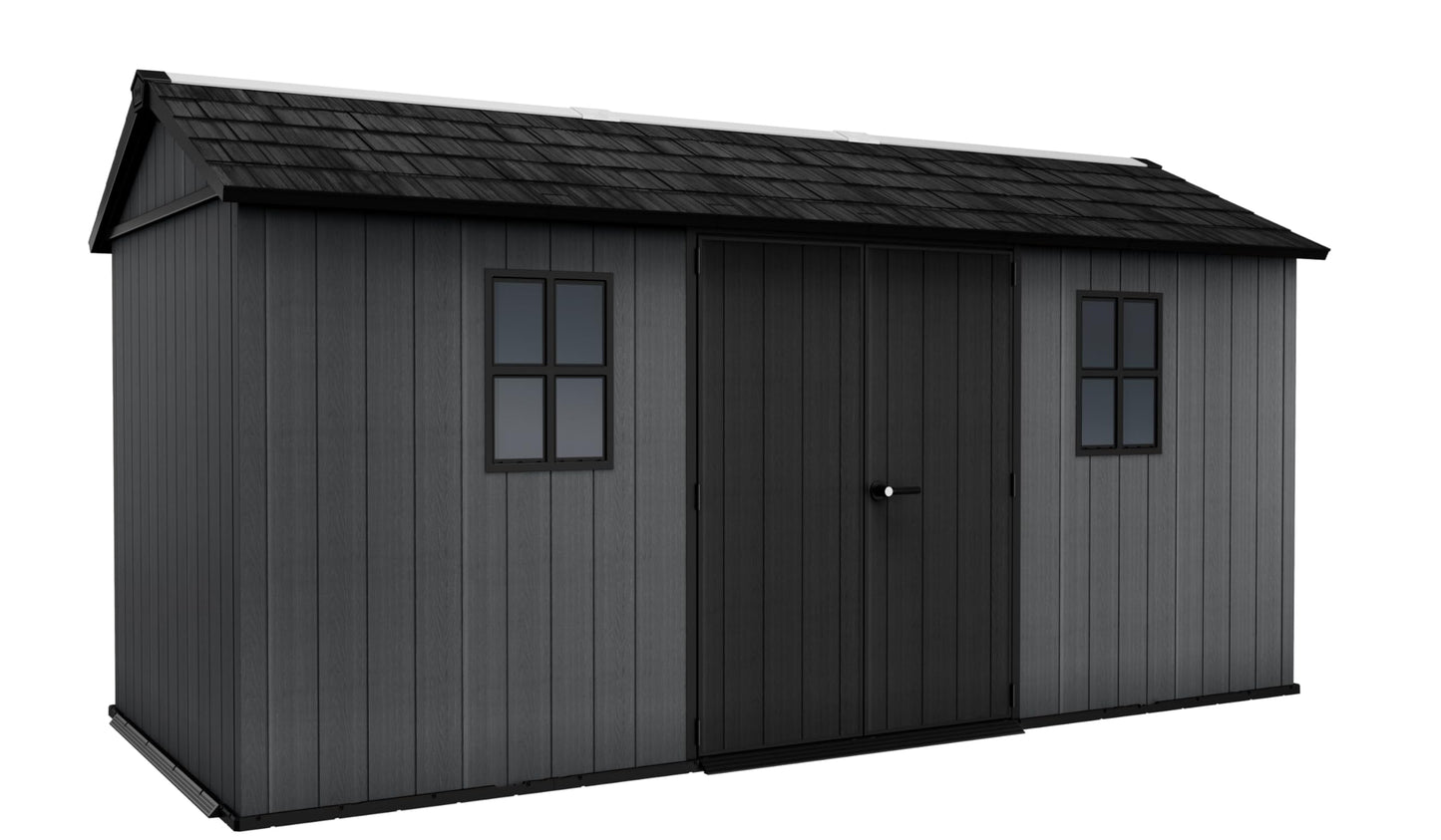 Keter Newton Plus 7.5x15 Ft All-Weather Storage Shed with Skylight, Window, Built-in Ventilation, Customizable Walls, & Lockable Double Doors, Graphite