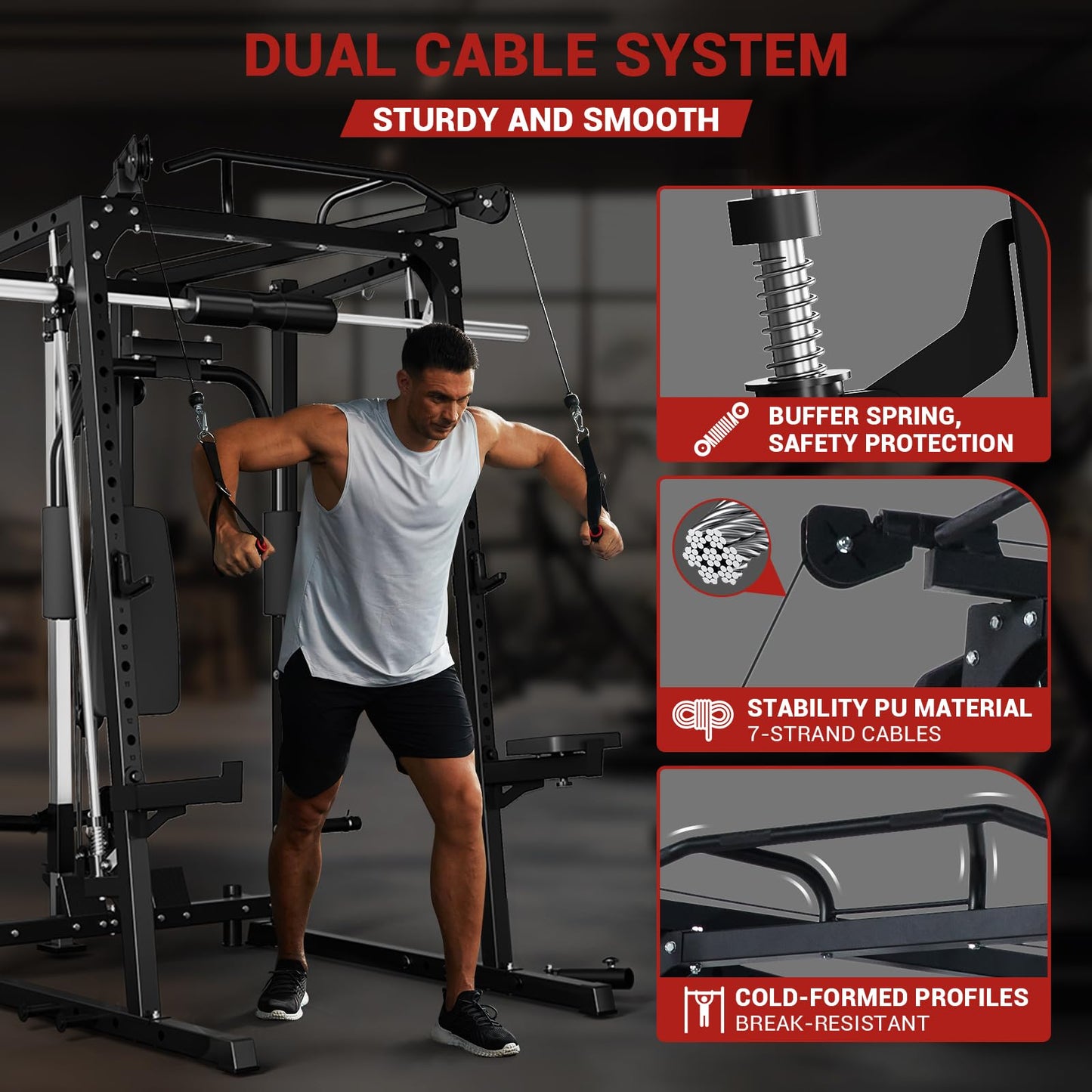Garvee 2000LBS Smith Machine Home Gym, Multi-Function Power Cage Squat Rack with Cable Crossover & LAT Pulldown, Strength Training Equipment with 8 Weight Storage Pins and More (Plates Not Included)