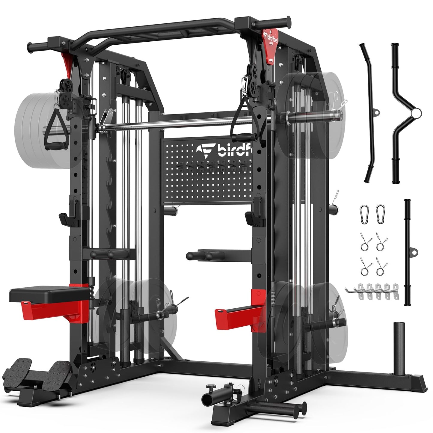 Birdfeel Multi-Function 2000LB Smith Machine Power Cage, Home Gym Squat Rack Featuring LAT Pulldown, Dual Pulley Cable Crossover, Gym-Quality Power Rack with Strength Training Attachments, Pegboard
