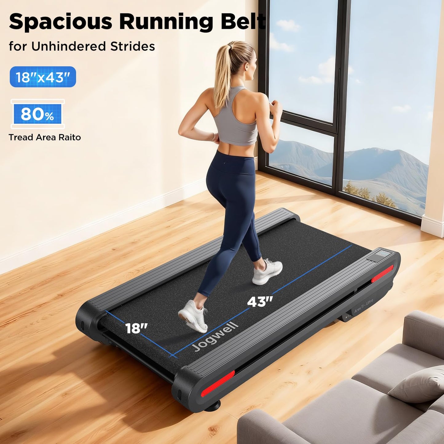 Jogwell Walking Pad Treadmill with 12%/20% Auto Incline, 3.5HP Brushless Ultra-Quiet, Under Desk Treadmill for Home Office, 400 LBS Capacity, 30% Wider Deck, Vertical Storage, Ares 11 Ultra-Enh Black