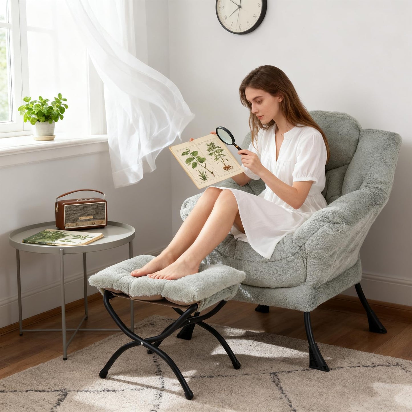 Welnow Lazy Chair with Ottoman, Modern Accent Chair with Armrests and a Side Pocket, Leisure Sofa Armchair, Reading Armchair with Footrest for Small Space, Plush Green