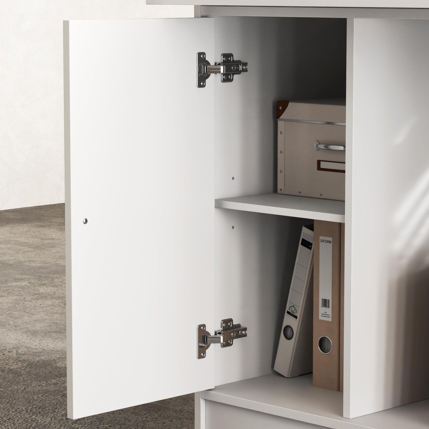 AIEGLE Reception Desk with Counter & Pegboard, Modern Retail Checkout Counter with 2 Lockable Drawers & Adjustable Shelf, 47.2" White Reception Room Table for Salon, Lobby, Office