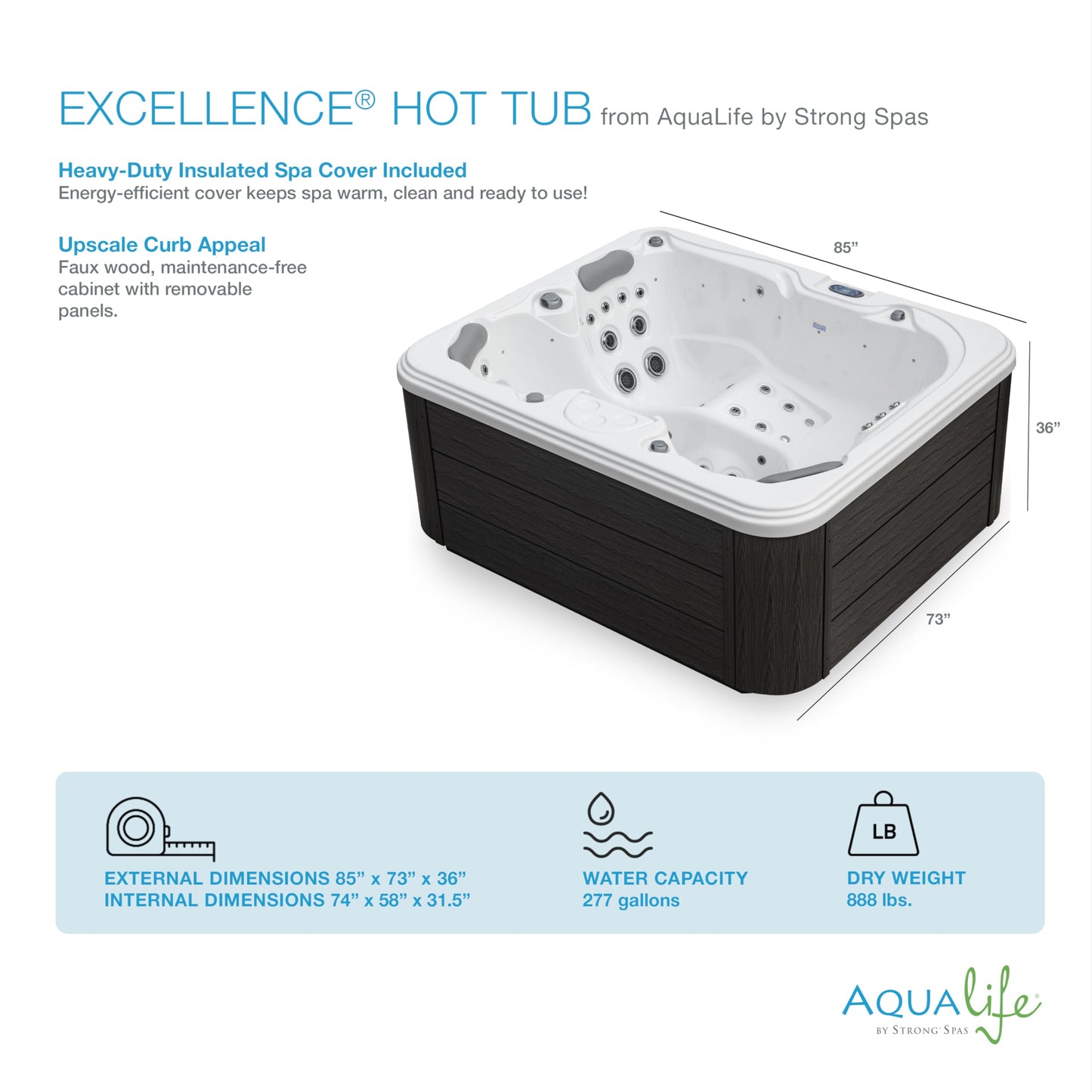 Excellence Outdoor Hot Tub, FIts 4 Adults, Indoor Outdoor Hot Tub, 41 Jets, Cover Included, Lounger Spa, Bluetooth Stereo, LED Water Fall, Wellness Tool, Aqualife by Strong Spas
