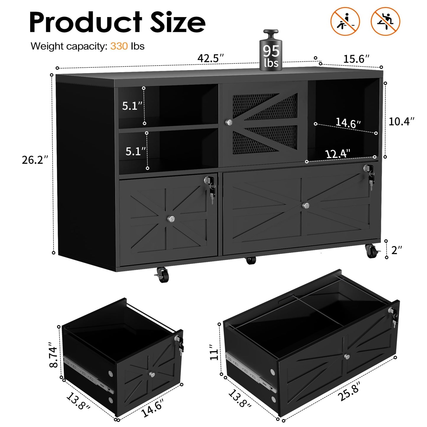kepptory 2 Drawer Wood Mobile Large Lateral File Cabinet, Lockable Rolling Filing Cabinet with Storage Shelves, Printer Stand Office Storage Cabinet for Home Office Fits Files Legal/A4, Black