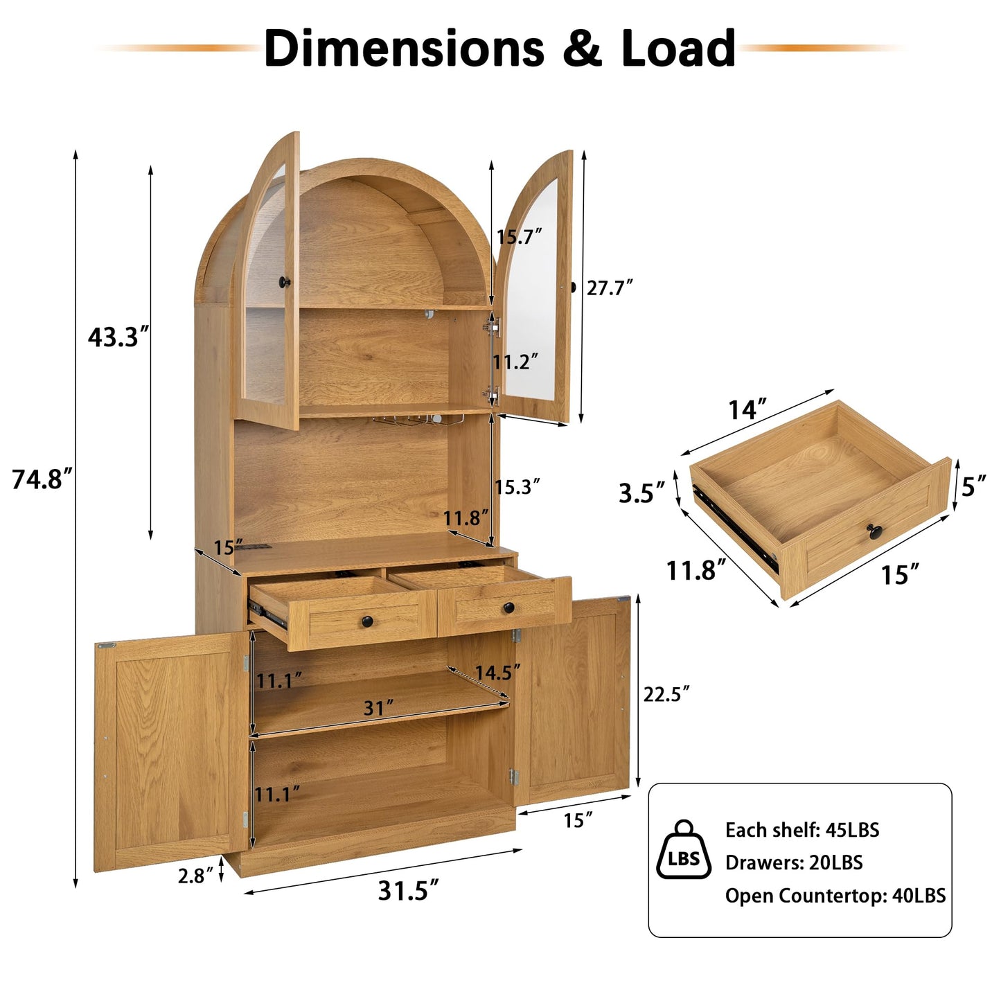KEIKI 75 Inch Farmhouse Pantry Cabinet with Charging Station, Tall Arched Coffee Bar Cabinet with Adjustable Shelves & Drawer, Freestanding Storage Sideboard for Kitchen Dining Room Living Room, Oak