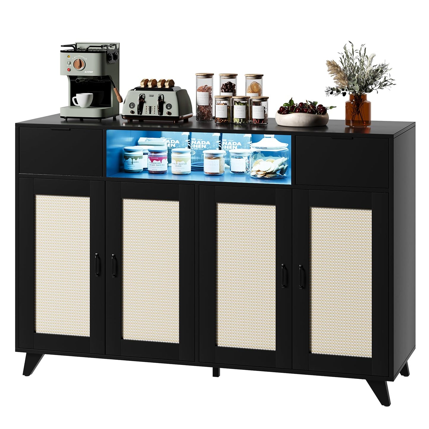 Rattan Sideboard Buffet Cabinet with Power Outlet & LED Lights – 4 Door Accent Storage Cabinet, 2 Drawers Console Table with Adjustable Shelves, Modern Coffee Bar for Living Room, Dining Room, Black