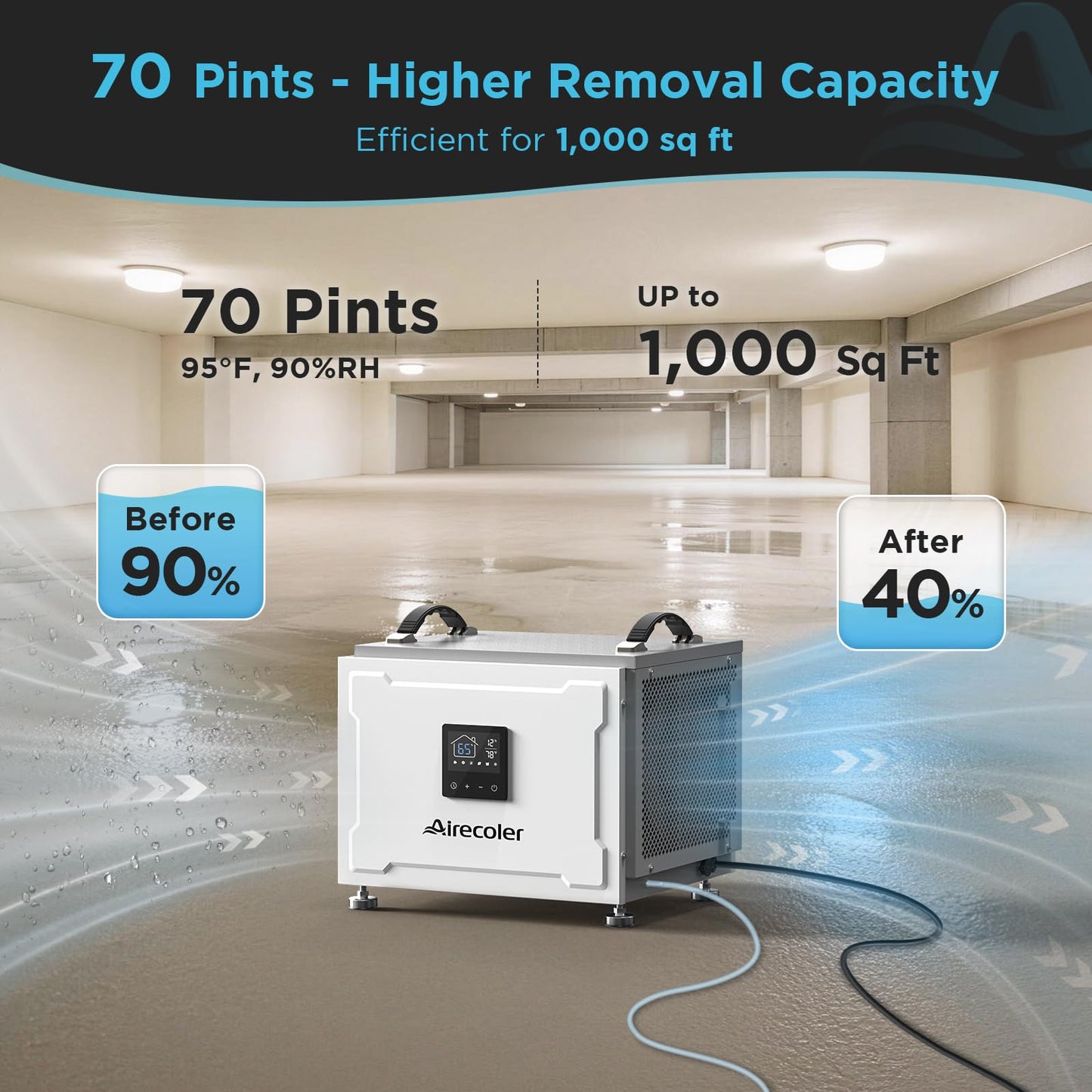 Airecoler 70 Pints Energy Star Commercial Dehumidifier with Pump, Portable Crawl Space Dehumidifiers for Basement and Home, Built-in Remote Control, Auto Defrost | Airecoler Stellar SP10