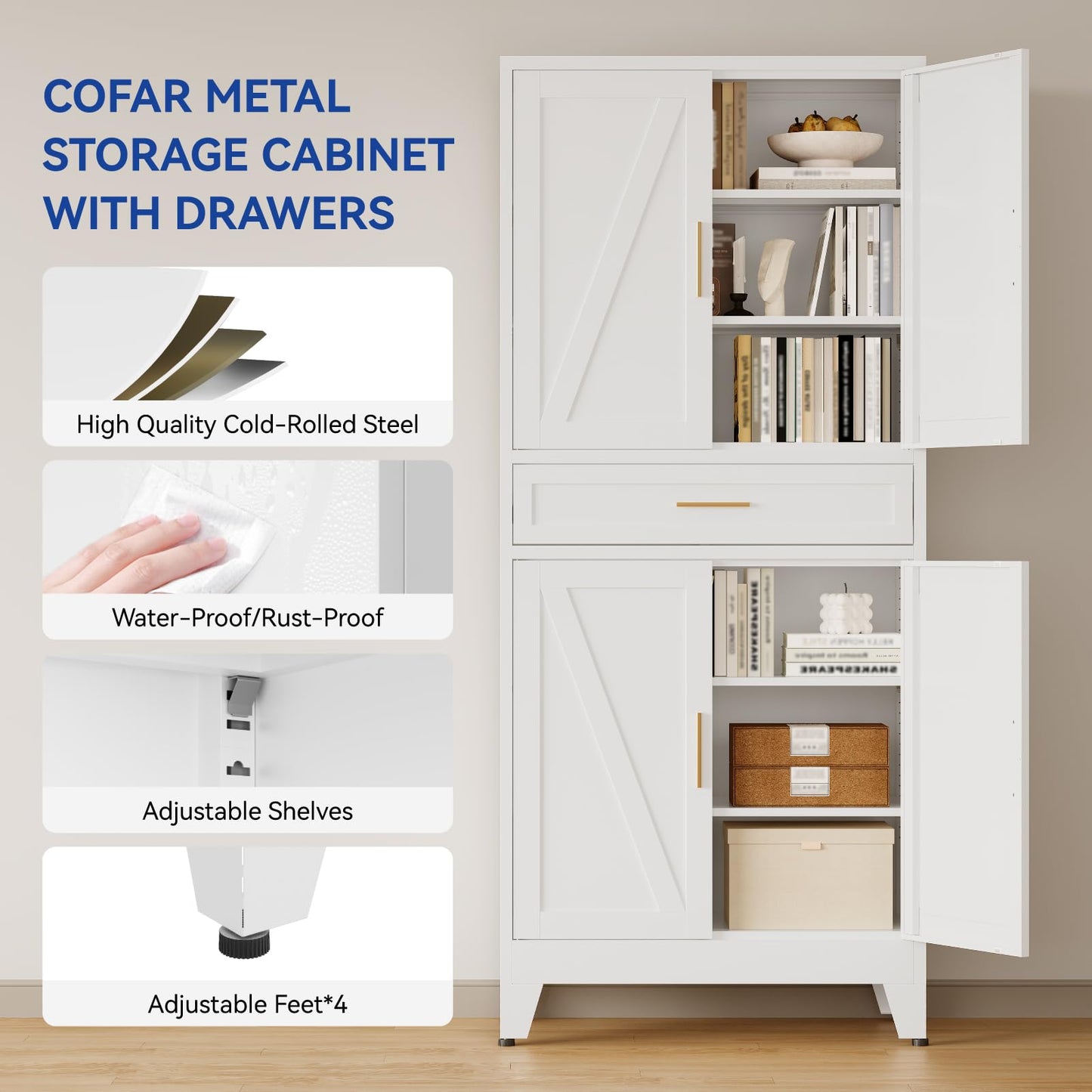 COFaR 71 in Tall Kitchen Pantry Cabinet with Drawer, Metal Pantry Storage Cabinet with 4 Adjustable Shelves and 4 Barn Doors, White Freestanding Farmhouse Food Cupboard for Dining Room