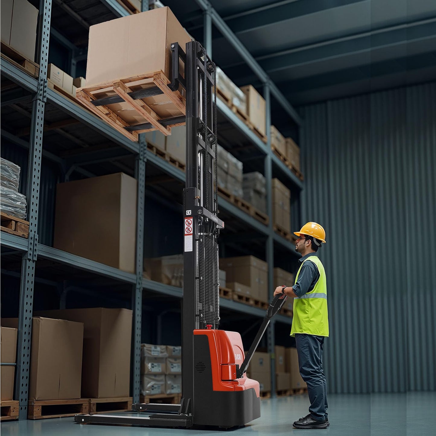 VEVOR Full Electric Pallet Stacker, 3300 lbs Load Capacity, 130'' Max Lifting Height, Pallet Lift Stacker Forklift with Straddle Legs & Forks, 8.66-31.1 Inches Adjustable Fork Width, Orange & Black