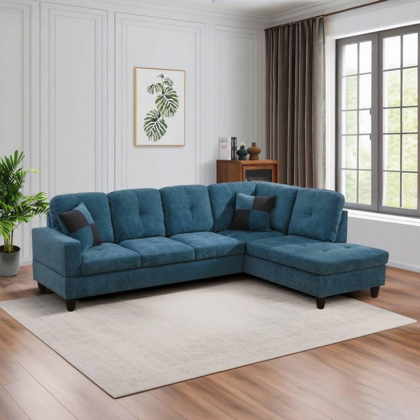 UOCFYK Sectional Sofa Couch with Right Chaise, Flannel L Shaped Couches for Living Room, Office, Apartments, Small Space, Blue