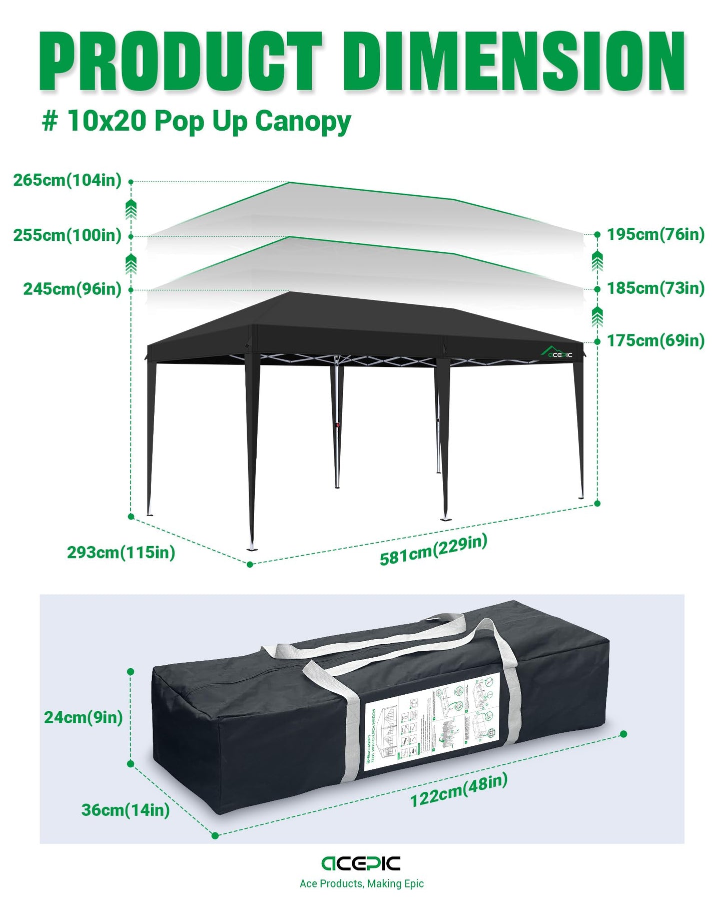 Acepic 10x20 Pop Up Canopy Tent with 6 Removable Sidewalls, Easy Set-up 2 Central Lock Outdoor Party Tent, Commercial Canopy, Stakes x8, Ropes x4, Sandbags x4, Hand Bag x1(Black, 10 * 20)