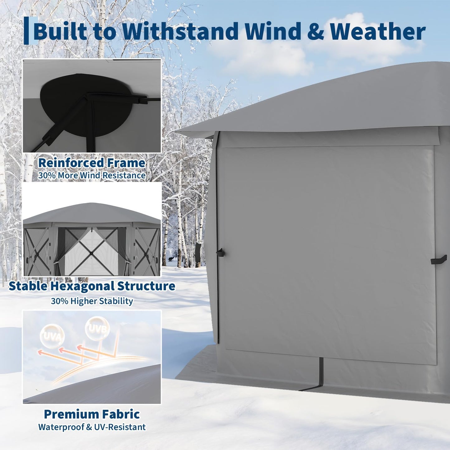 GarveeLife 11.5x11.5FT 6-Sided Pop Up Gazebo Tent，One-Push Setup Canopy Tent with Mesh Panels & Removable Wind Cloths, Outdoor shelter for Camping, Backyard Parties, Outdoor Events - Grey
