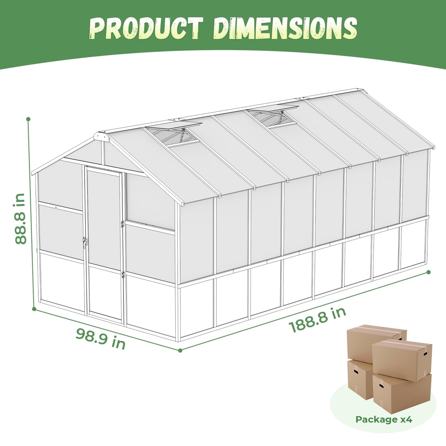Jocoevol 8x16ft Outdoor Greenhouse, Wooden Frame Polycarbonate Greenhouse with Adjustable Roof Vents and Lockable Door Handle, Walk-in Greenhouse Perfect for Backyard and Garden