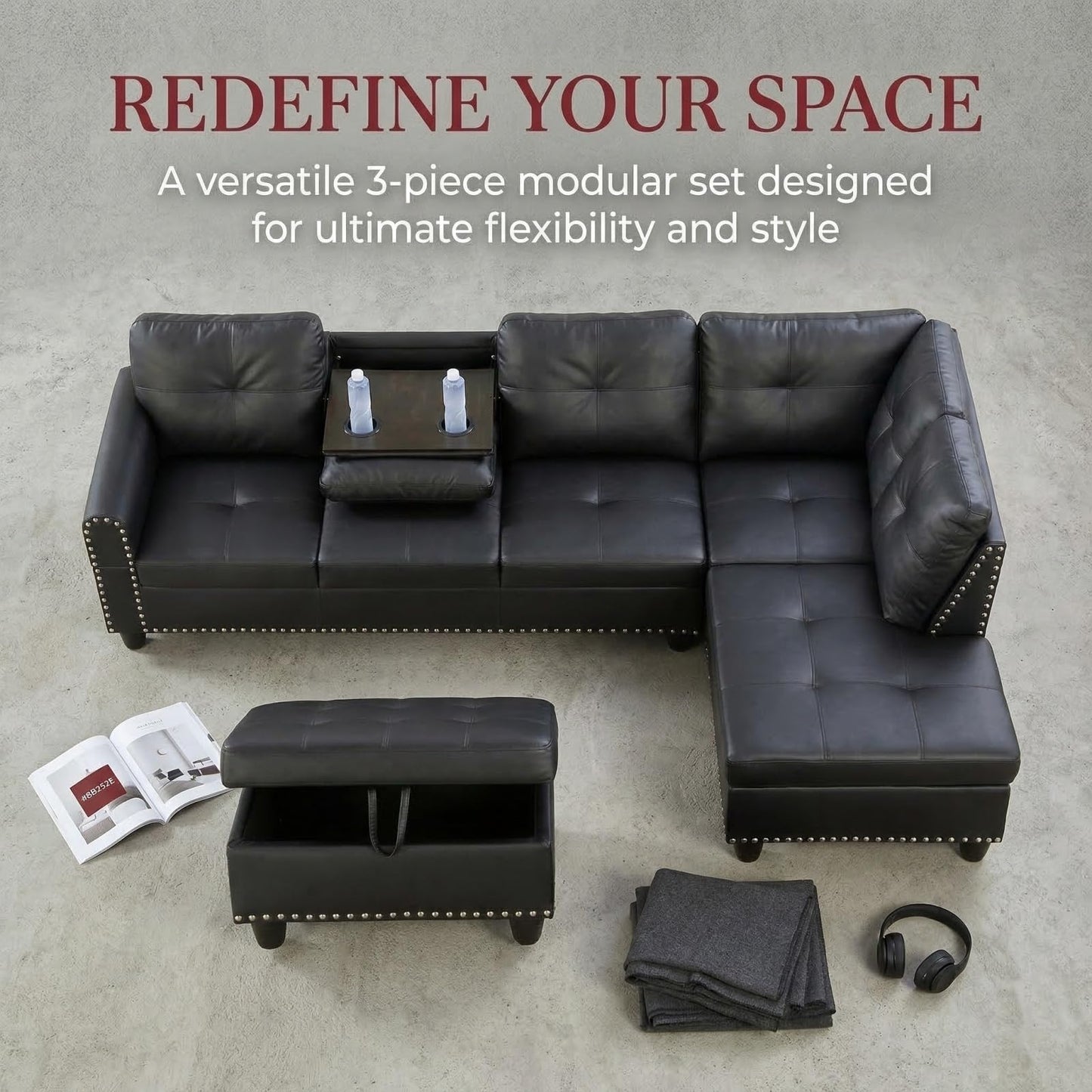 Trygoal 97.5" L-Shape Sofa with Storage Ottoman & Reversible Coffee Table, Leather Sectional Couch with Right Chaise, Modern 3-Piece Sofa Set, Upholstered Couch Set with Solid Wood Frame, Dark Grey