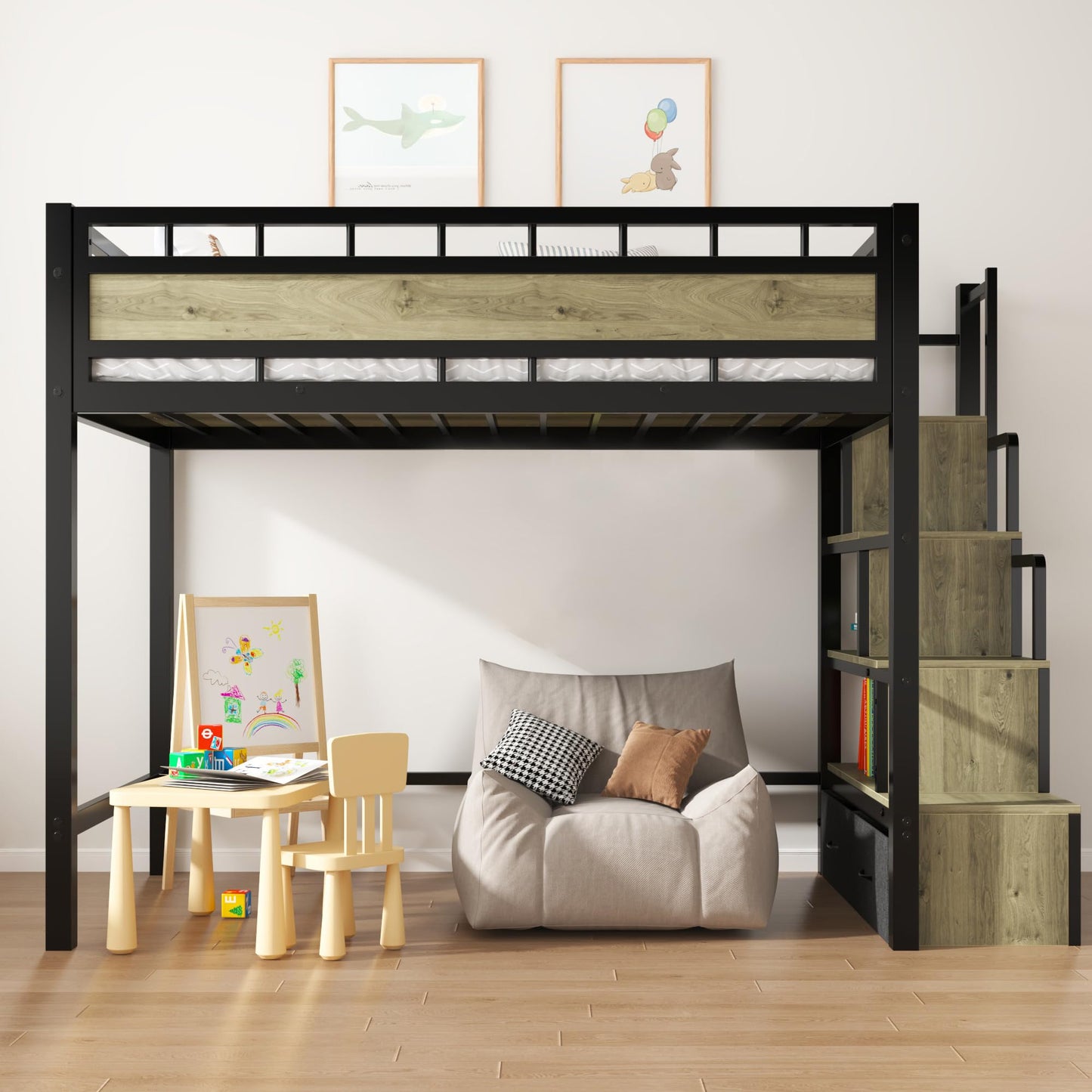 SDHYL Twin Size Loft Bed, with Storage Stairs & Drawers,Space-Saving Heavy-Duty Metal Bed Frame, No Box Spring Needed, Ideal for Dorms and Small Rooms, Easy Assembly, Black