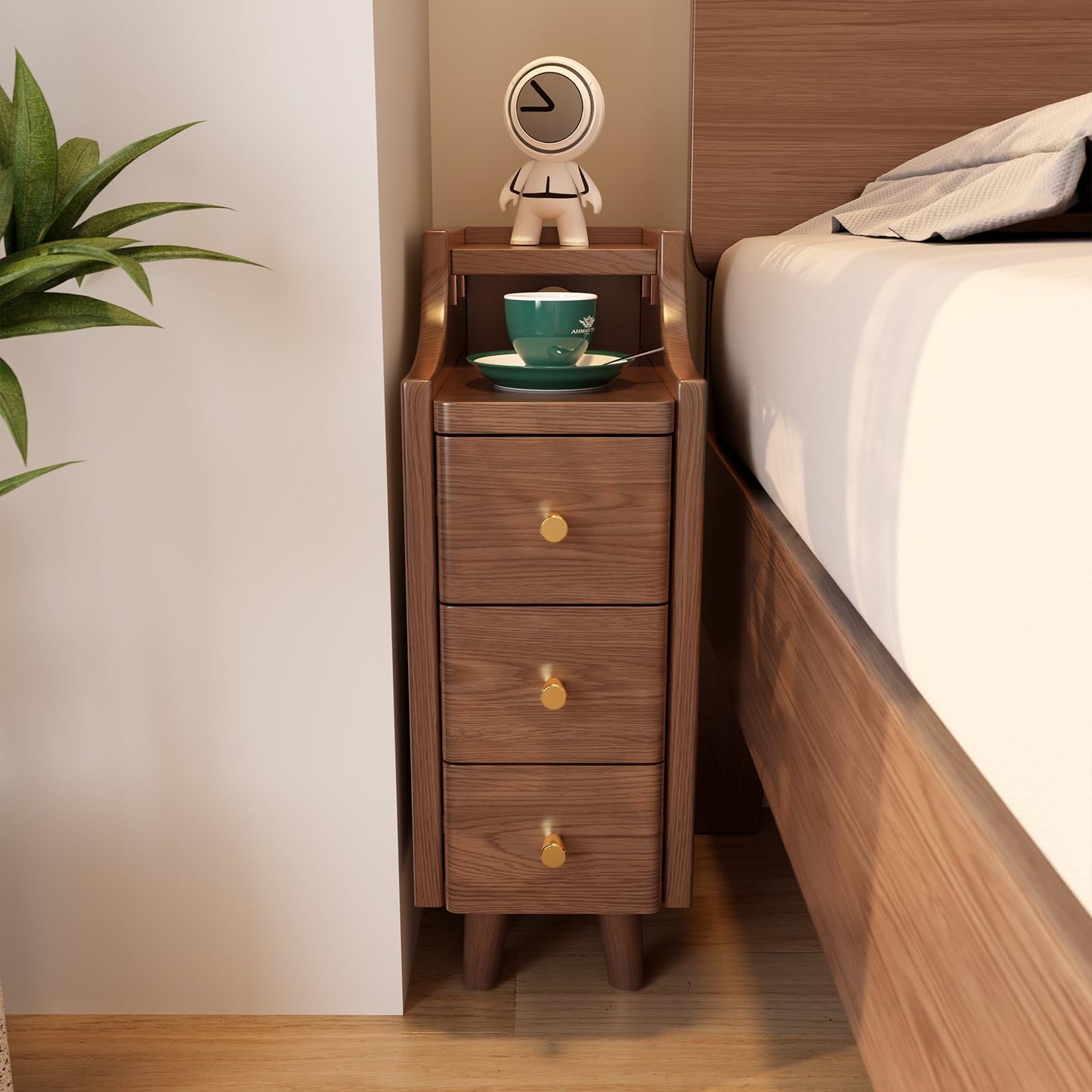 Solid Wood Narrow Nightstand with Drawers,Walnut Nightstand Wood Bedside Table Modern for Bedroom,Study,Toilet