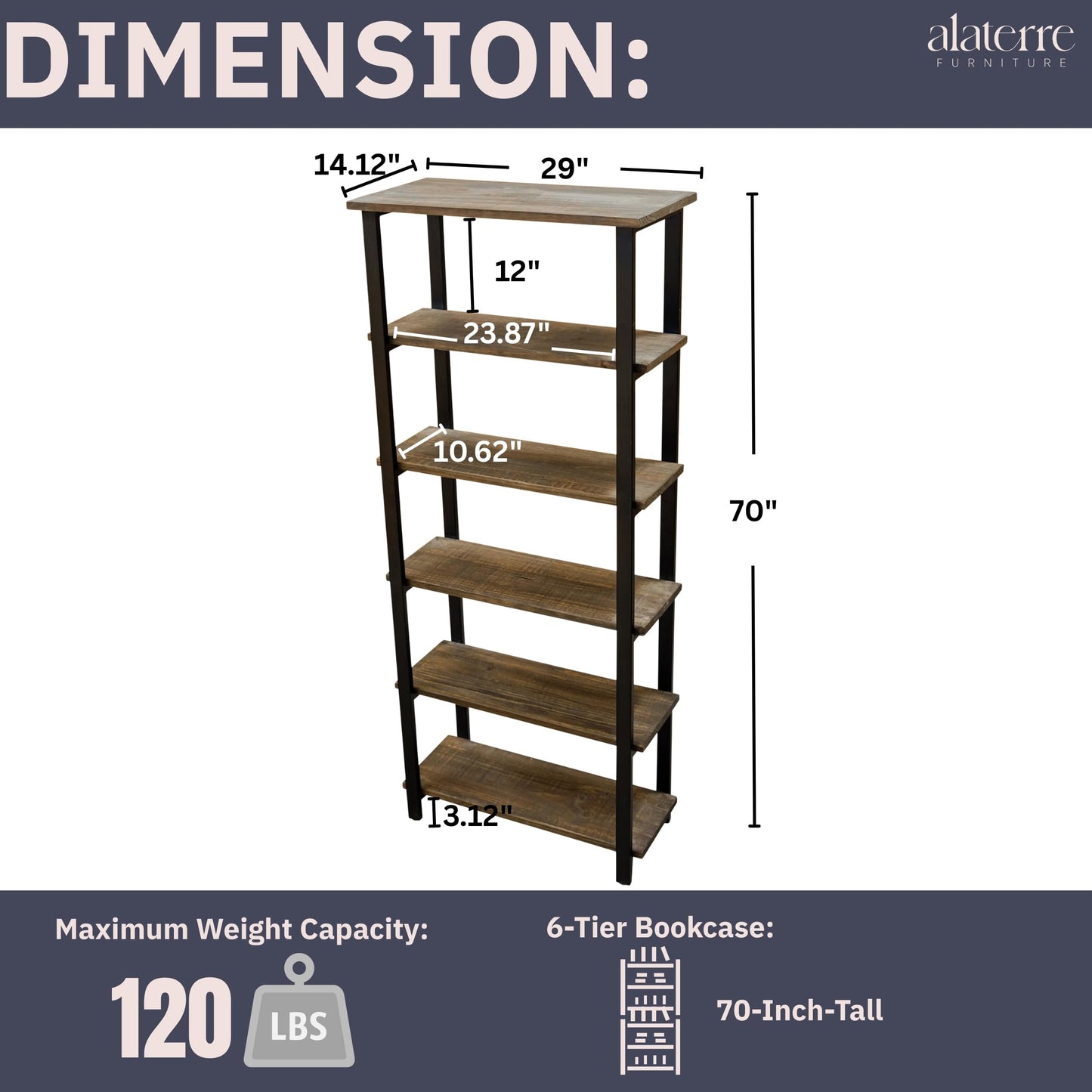 Alaterre Furniture Pomona Living Room 6-Tier Solid Wood Bookcase with Metal Frame – Rustic Industrial Modern Wood and Metal Bookshelf for Home Office, Living Room, or Bedroom Storage