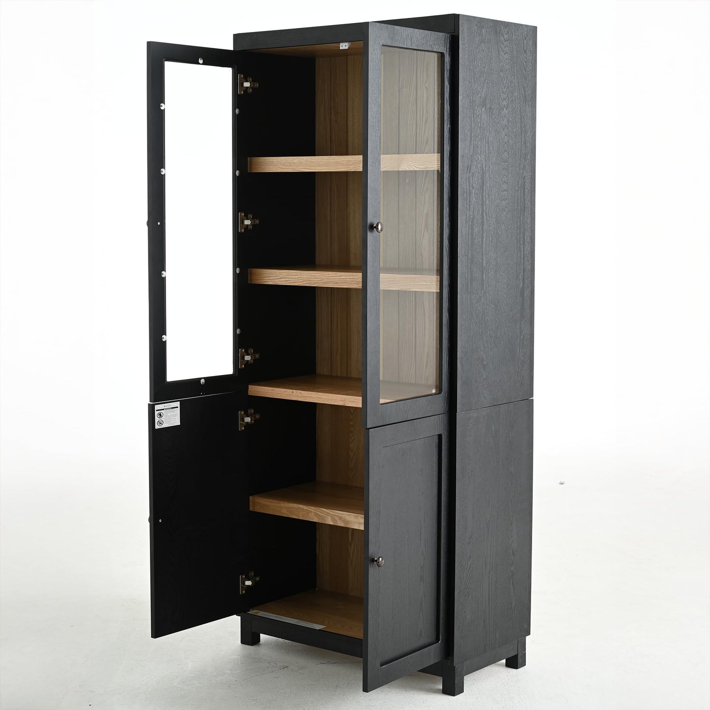 Merax 74.5''H Ash Wood Grain Display Cabinet Bookcase with Storage,Pantry with Glass Doors & Adjustable Shelves,Bookshelf Curio Cabinet for Hallways,Livingroom Kitchen & Office,Black