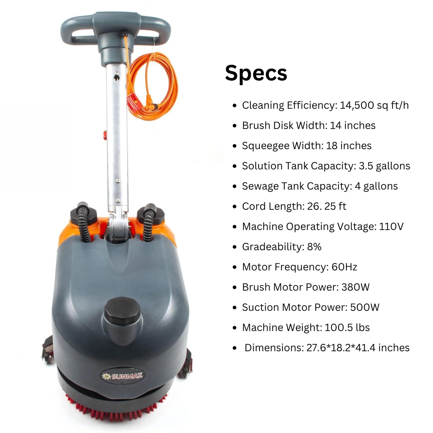 14" Walk-Behind Commercial Floor Scrubber Machine, 18" Squeegee, 3/4-Gal Tanks, 180 RPM, 26-ft Corded Hard Floor Cleaner for Offices, Cafes, Boutiques, Clinics & Tight Spaces