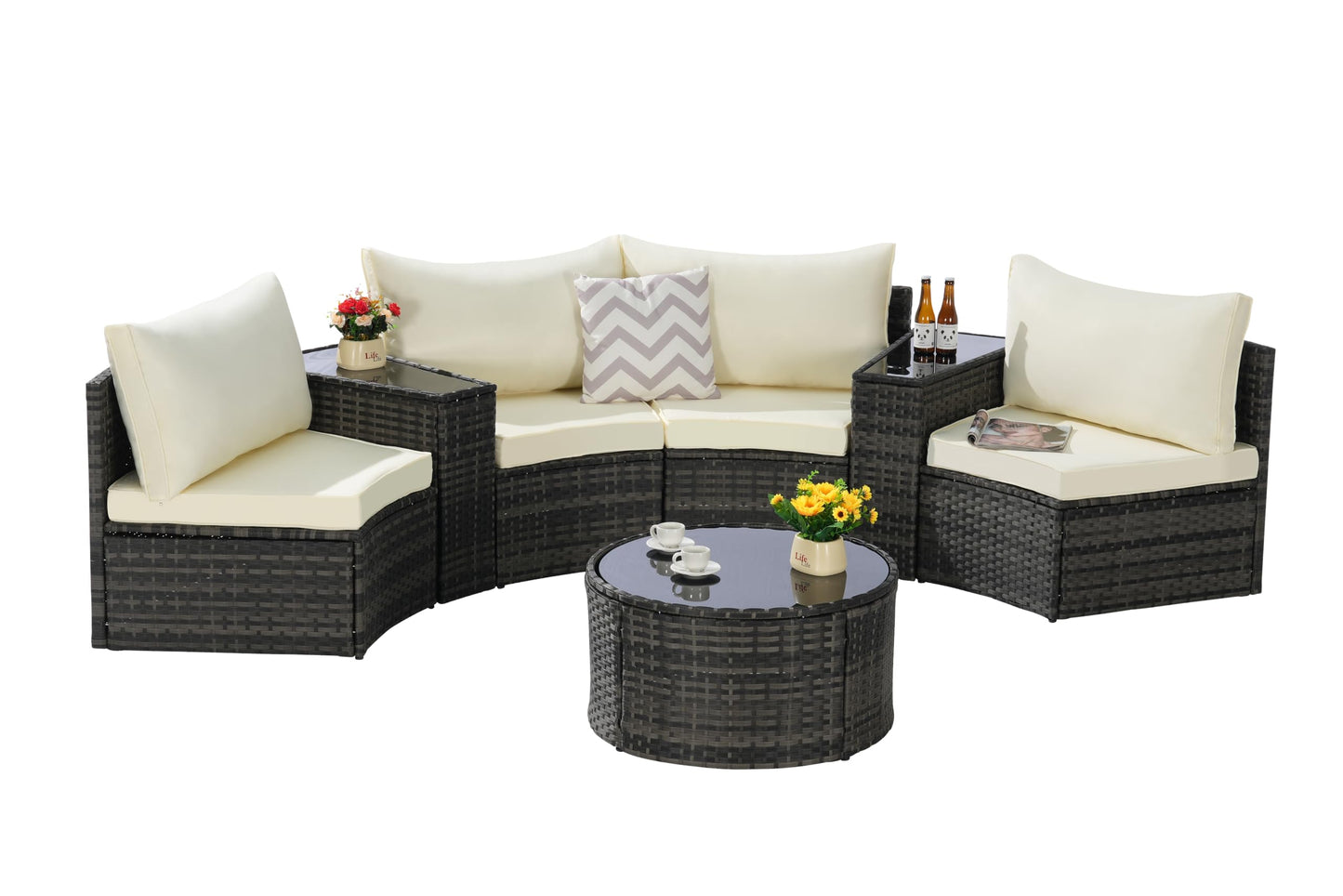 KEIKI 7-Piece Half-Moon Outdoor Patio Furniture Set, Rattan Patio Conversation Set with Coffee Table & 2 Sofa Side Table & 4 Curved Armless Sofa, Wicker Curved Sectional Sofa Set, for Backyard, Beige