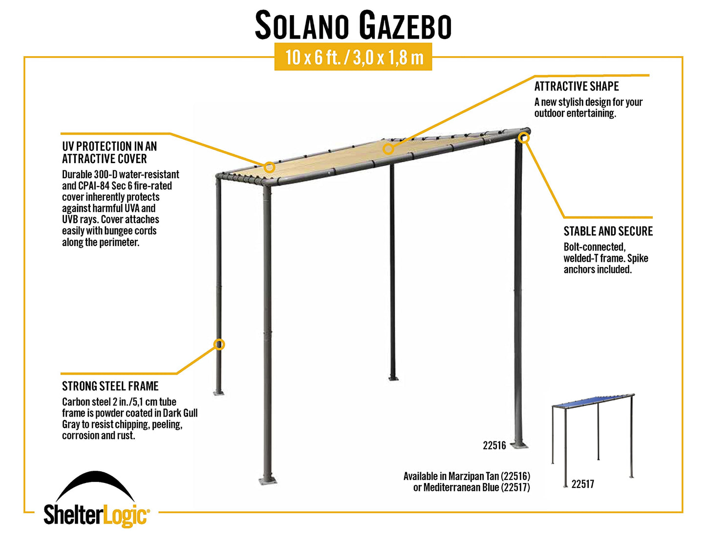ShelterLogic 10' x 6' Solano Gazebo Canopy Charcoal Carbon Steel Frame and Water-Resistant and Sun Protection Tan Cover