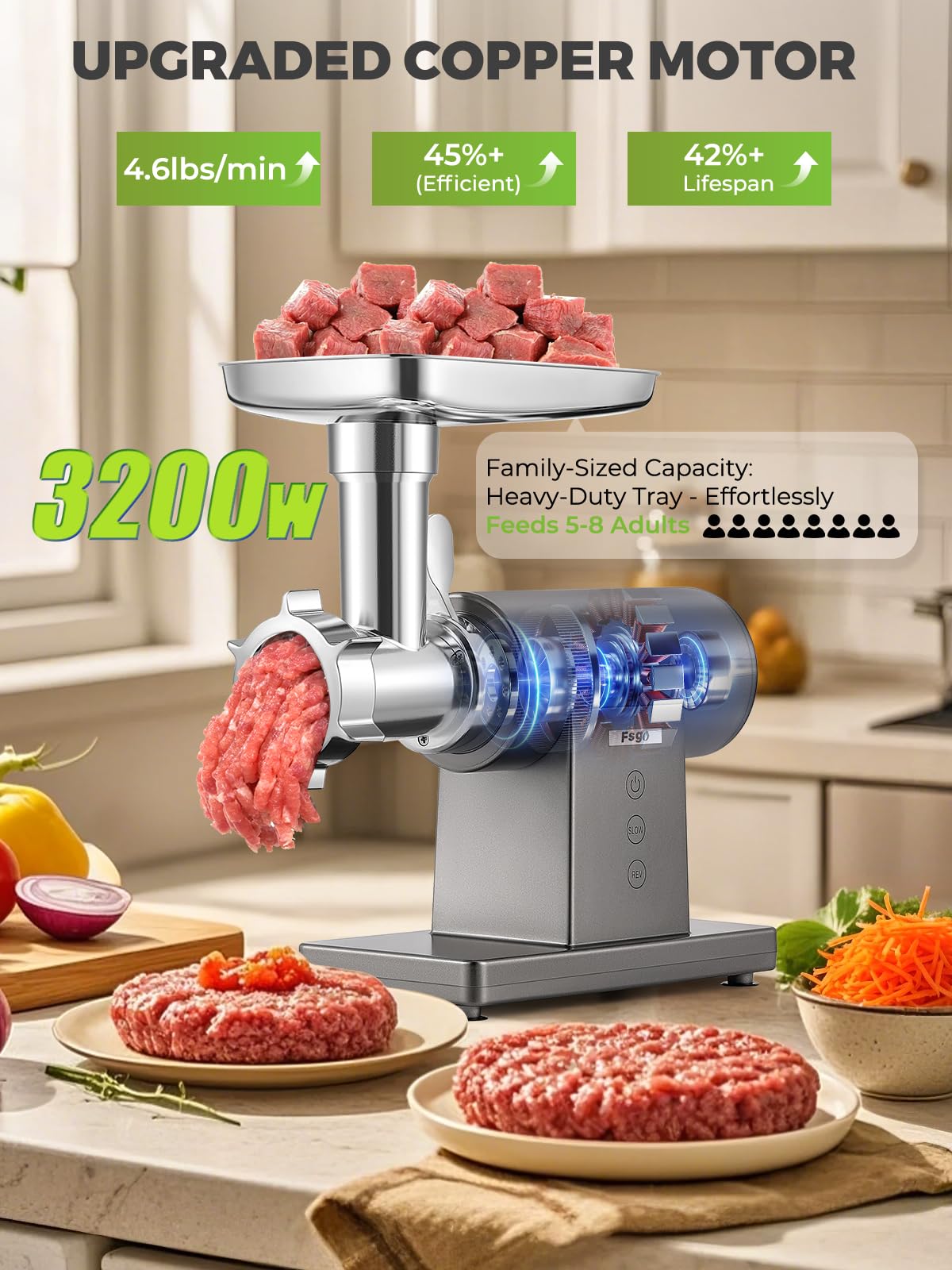 Flyseago Meat Grinder Electric 3200W Heavy Duty Meat Grinders Chopper Machine Touch Control Multifunctional with Cutting Blade 3 Grinding Plates 3 Sausage Stuffers Kubbe Kit for Household & Commercial