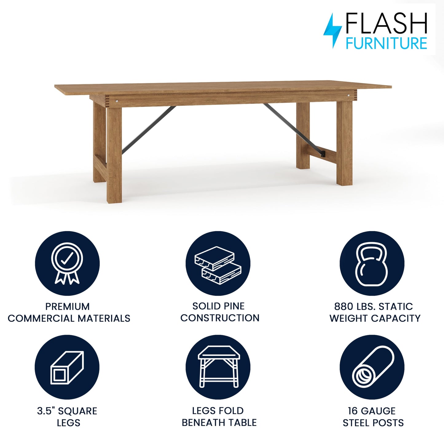 Flash Furniture Hercules Series 8' x 40" Rustic Solid Pine Folding Dining Table, Rectangular Antique Farmhouse Dining and Event Extension Table
