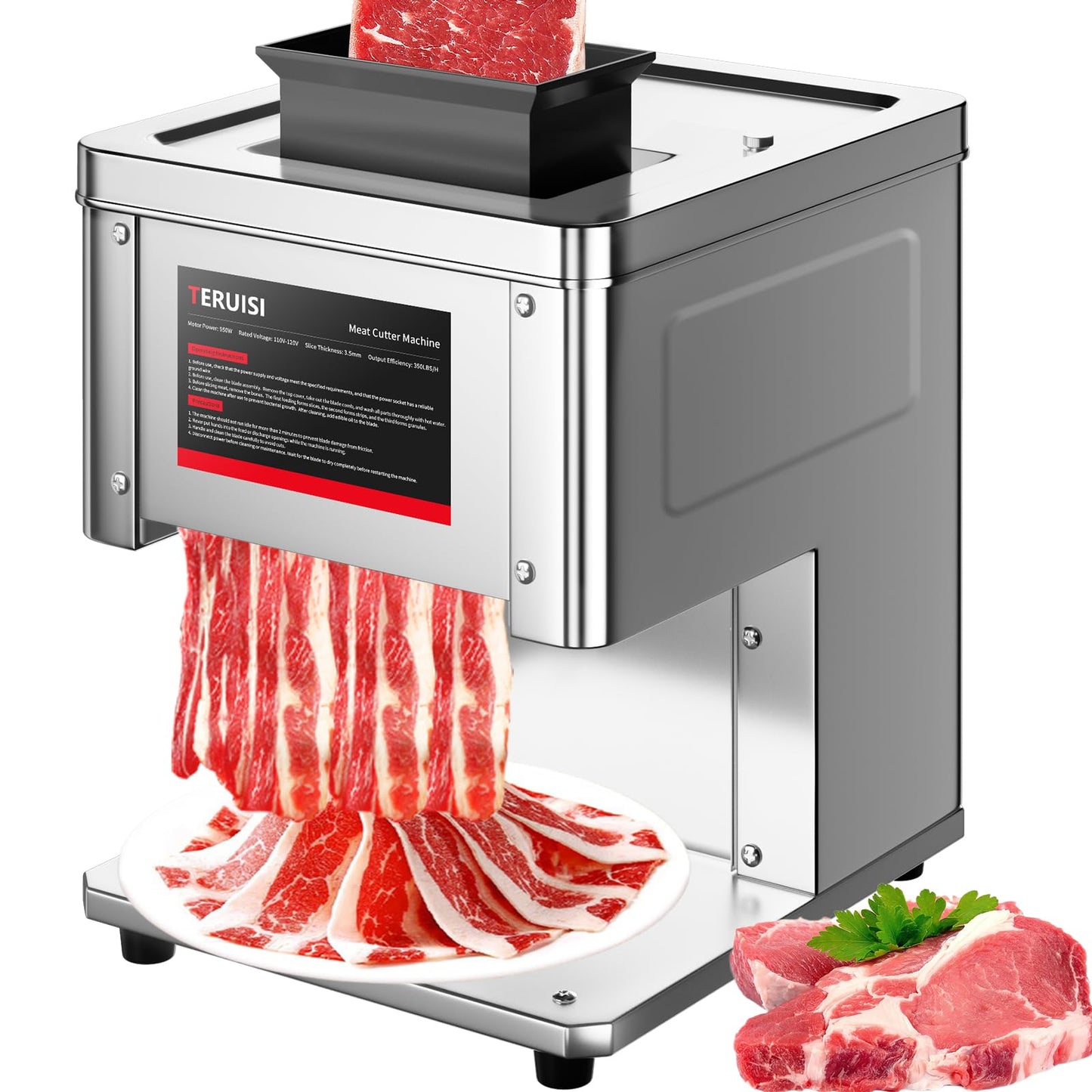 TERUISI Meat Cutter Machine, 950W Electric Slicer Cutting Machine with 450LBS/H Slicing Output, 3.5mm Commercial Meat Slicer with Removable Blade for Boneless Pork Chicken Soft Vegetables, TDK Model