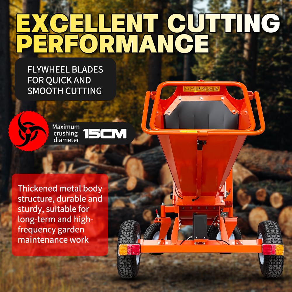18HP 6 Inch 420cc Gas Powered Wood Chipper Shredder Mulcher, 4-Wheels Towable Wood Chipper Leaf & Branch Shredder with Towbar, Emergency Stop Button, Max Chipping Capacity for Wood Pellets (orange)