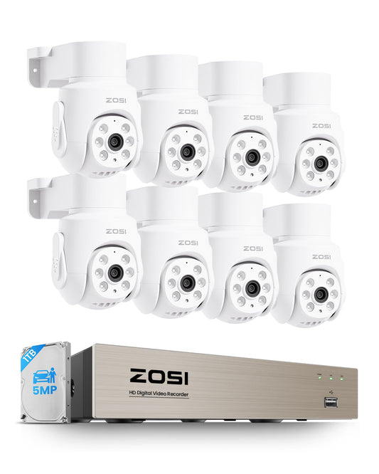 ZOSI 5MP Wired Security Camera System, AI Human Vehicle Detection, Audio Recording, Night Vision, 8pcs 5MP 360° Pan/Tilt Weatherproof Cameras, H.265+ 8CH DVR with 1TB HDD for 24/7 Home Surveillance