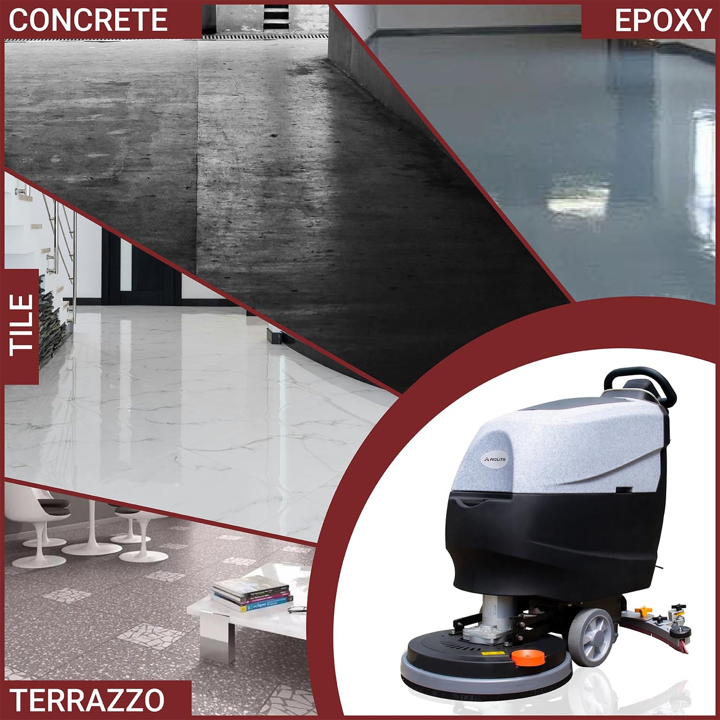 AIOLITH AF2013 Walk-Behind Commercial Floor Scrubber with 20" path, Lithium Battery, Up to 5 Hours Runtime, 11/13 Gal Tanks, Under 65 dBA, Floor Cleaning Machine for Retail Stores, Schools & Offices
