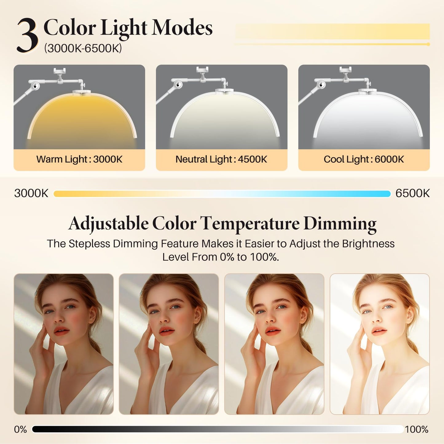 LIONVISON Foldable Half Moon LED Lash Light with Phone Holder, Aluminum, White, Model 0001