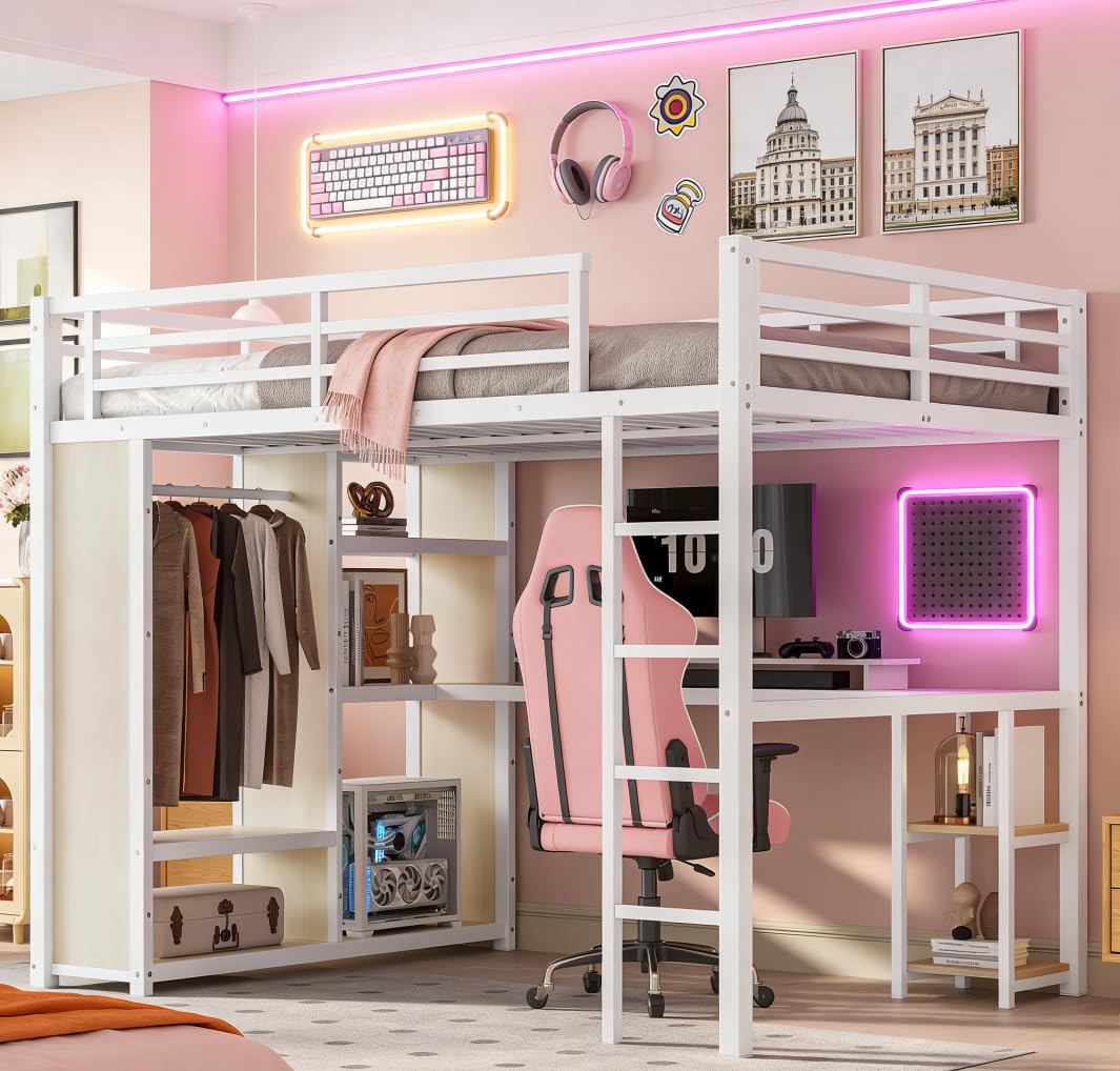 Bellemave Queen Size Loft Bed with Desk, Wardrobe, Metal Queen Loft Bed Frame, White Wood-Grain
