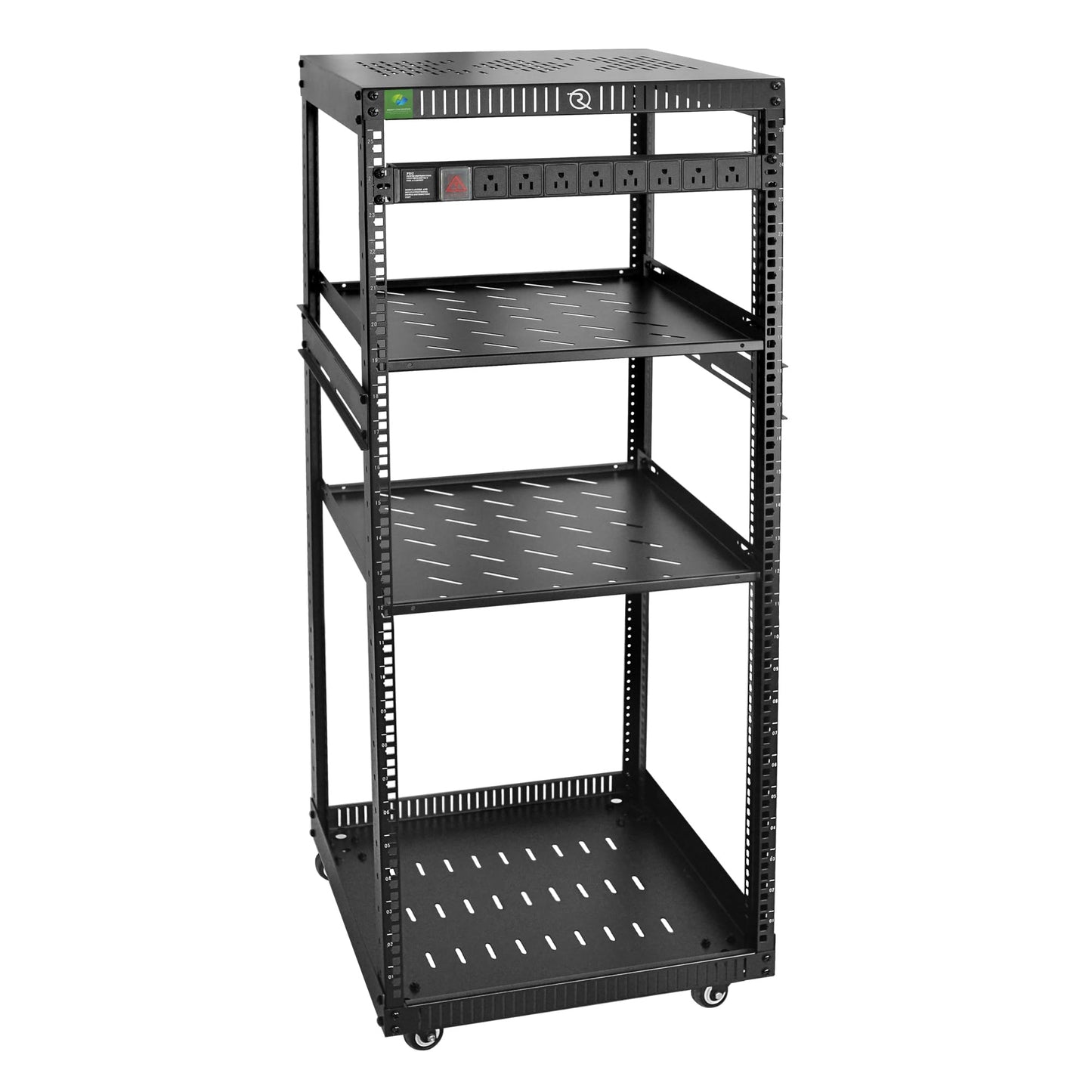 RIVECO 25U Network Rack with Reinforced Top Cover - 4 Post Floor Rack on Wheels for 19" Equipment & Stereo Gear- Including Mount Power Strip & 2PCS 1U Shelves